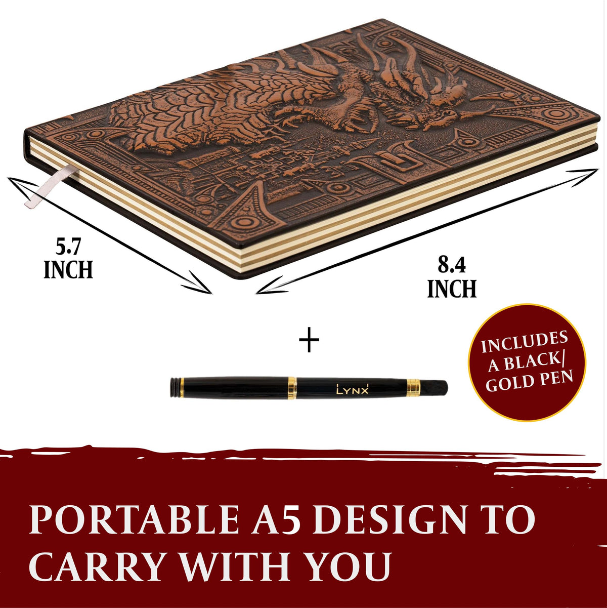DND Notebook / Journal, Unique 200 Page Book with 3D Bronze Dragon Embossed Faux Leather Cover with
