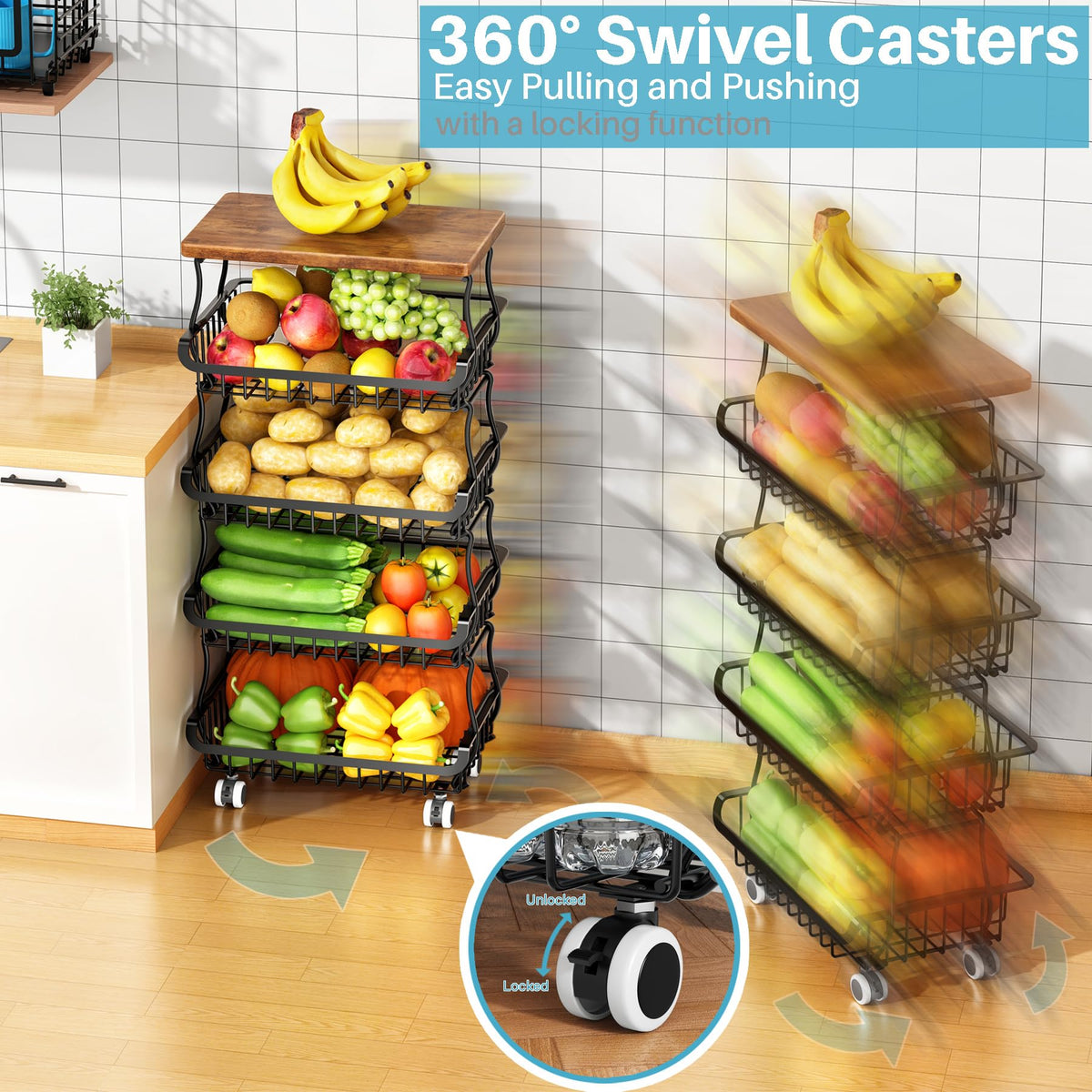 4 Tier Vegetable Fruit Basket for Kitchen, Stackable Metal Fruit and Vegetable Storage Baskets with