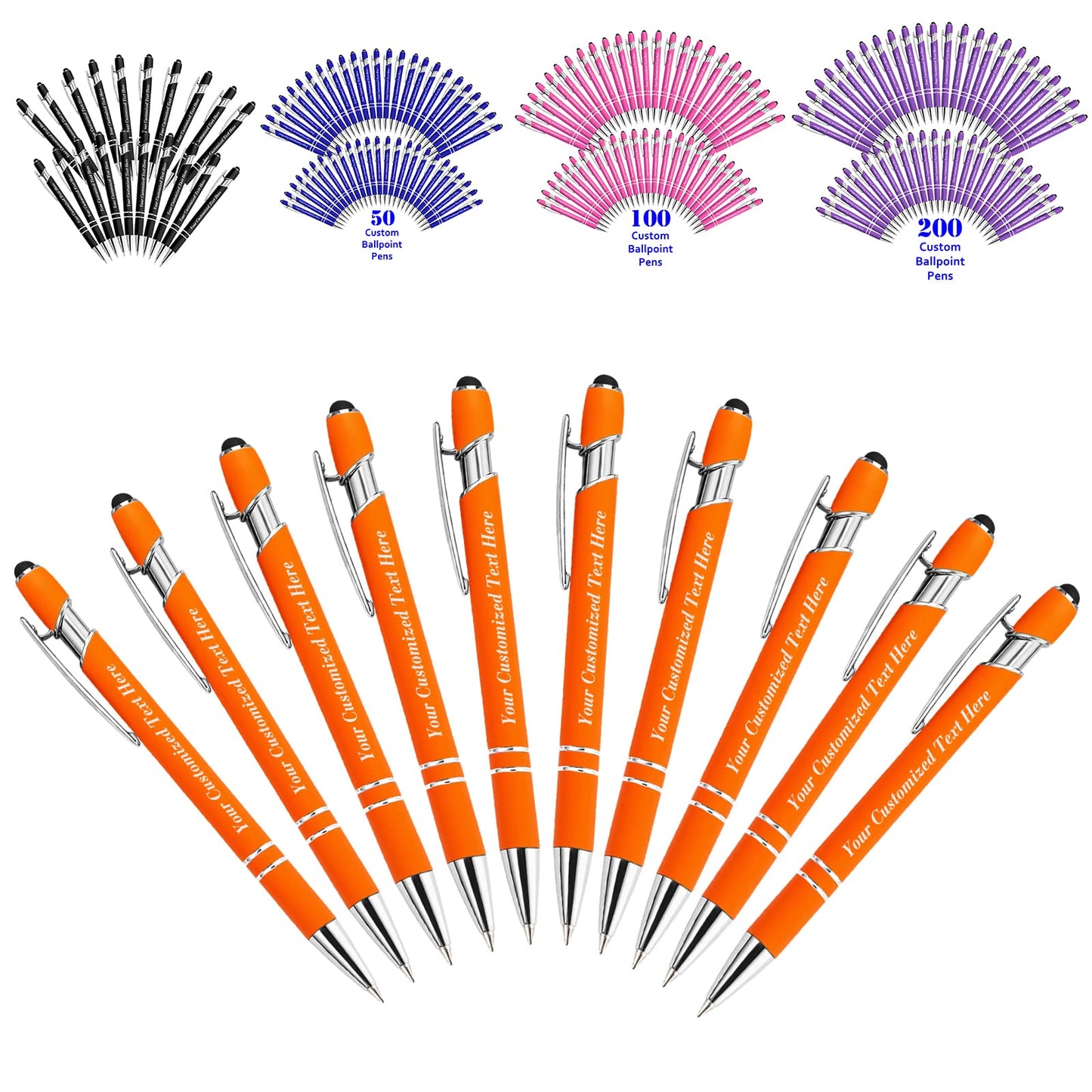10 Pcs Personalized Pens in Bulk with Stylus Tip - Custom Print with Name 0.5 mm Soft Touch Medium