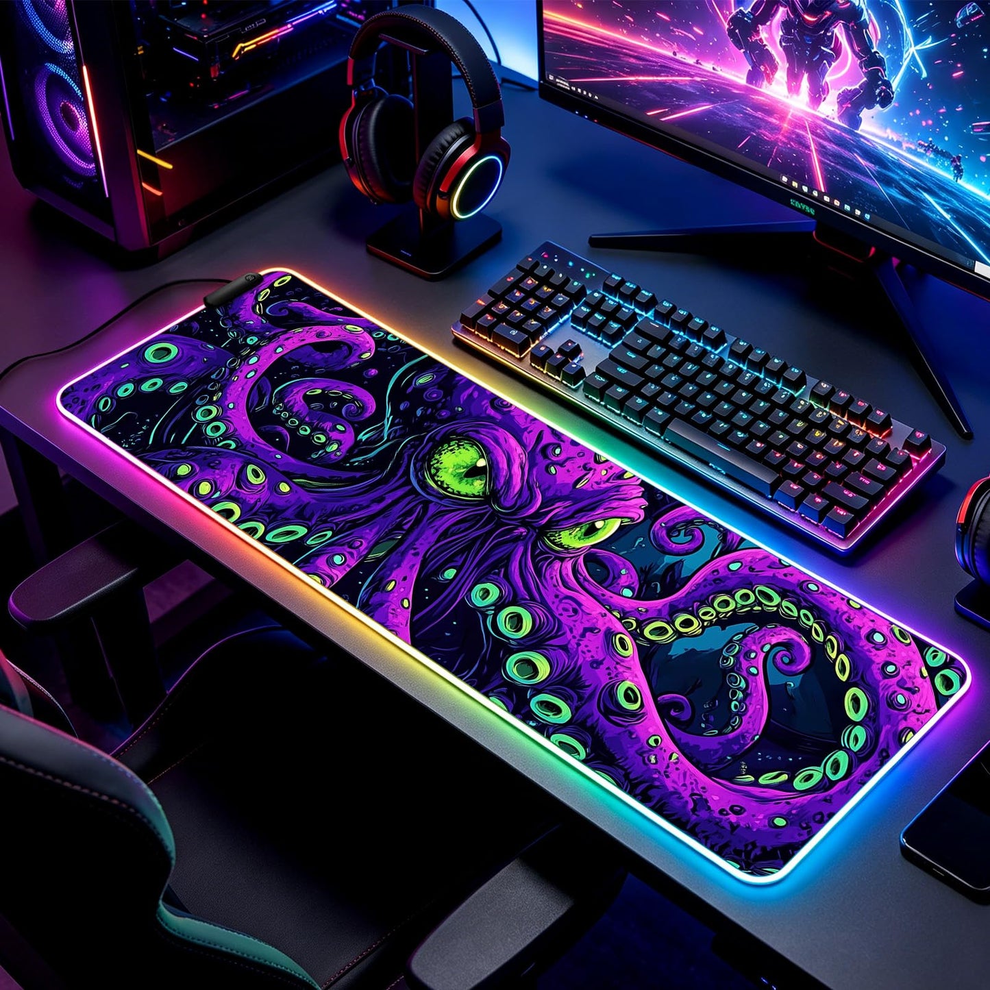 JIANG100 RGB Mystic Purple Octopus Gaming Desk Mat & Mouse Pad, XL