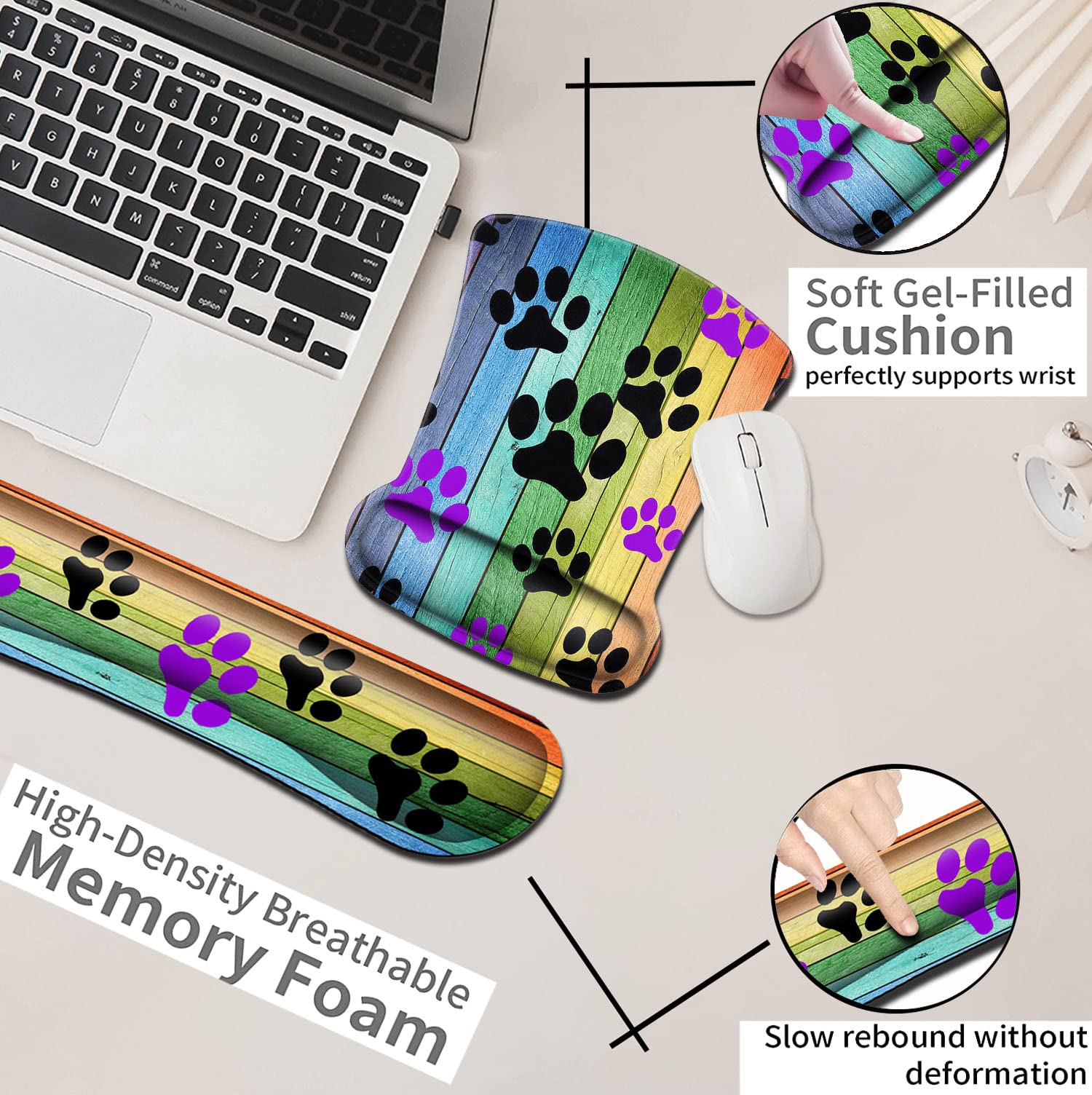 Mouse Pad with Wrist Support Memory Foam Keyboard Wrist Rest Rustic Rainbow Woodgrain Black and