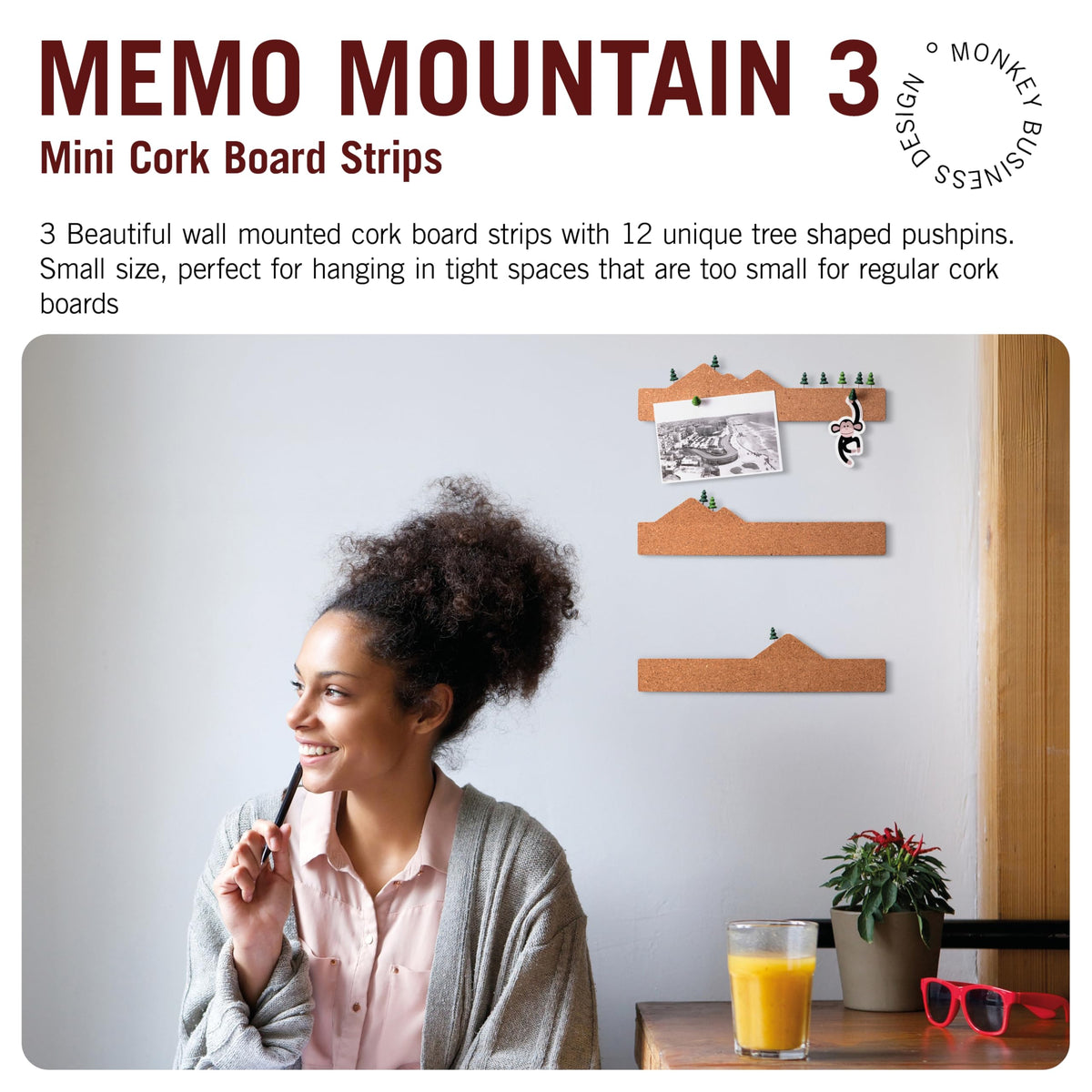 Monkey Business Memo Mountain 3 Cork Board Strips - Corkboard Pin Boards with Mountain Scene