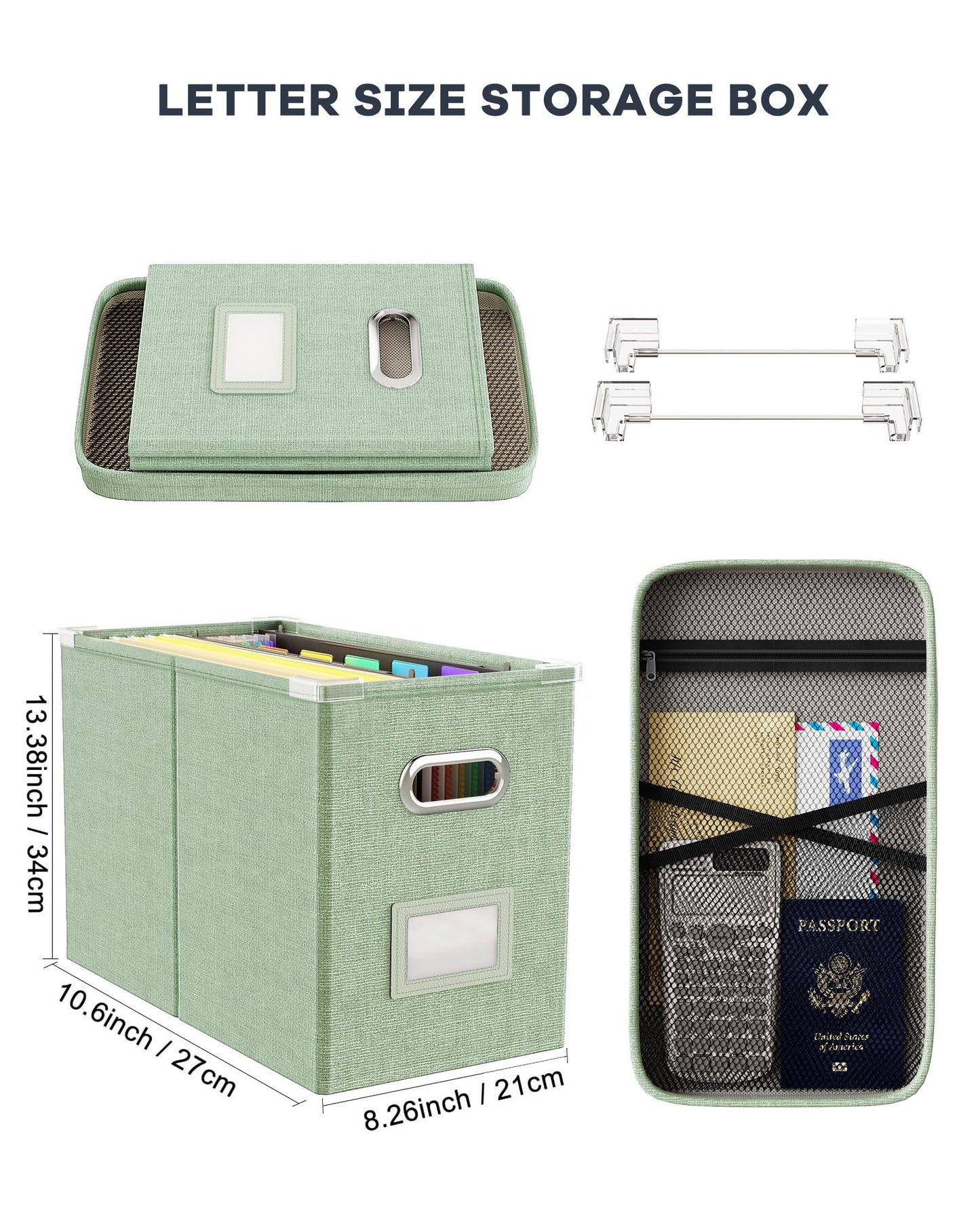 Oterri File Organizer Box with Lid, Hanging Filing File Box with Mesh Pocket, Document Organizer