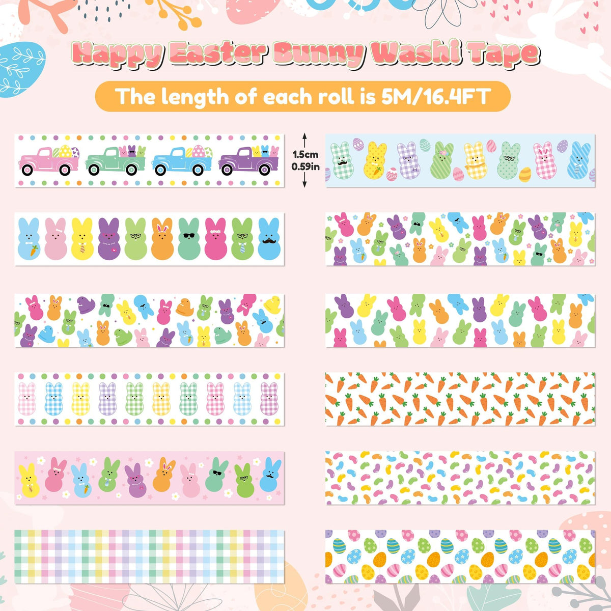 BkeeCten Cute Bunny Easy Hand Tear Washi Tape for Scrapbook Gift Wrapping