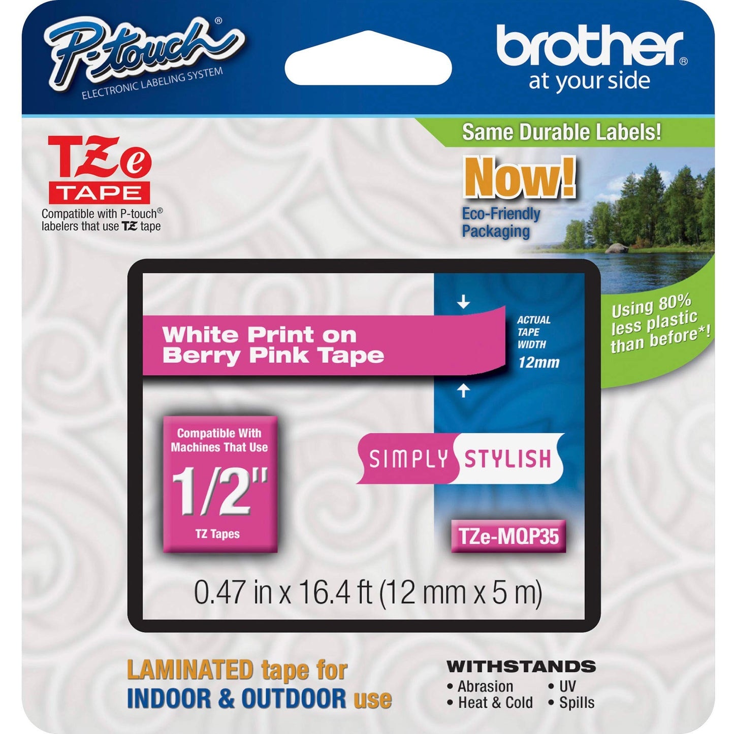 Brother Genuine P-Touch TZE-MQP35 Tape, 1/2" (0.47") Wide Standard Laminated Tape, White on Berry