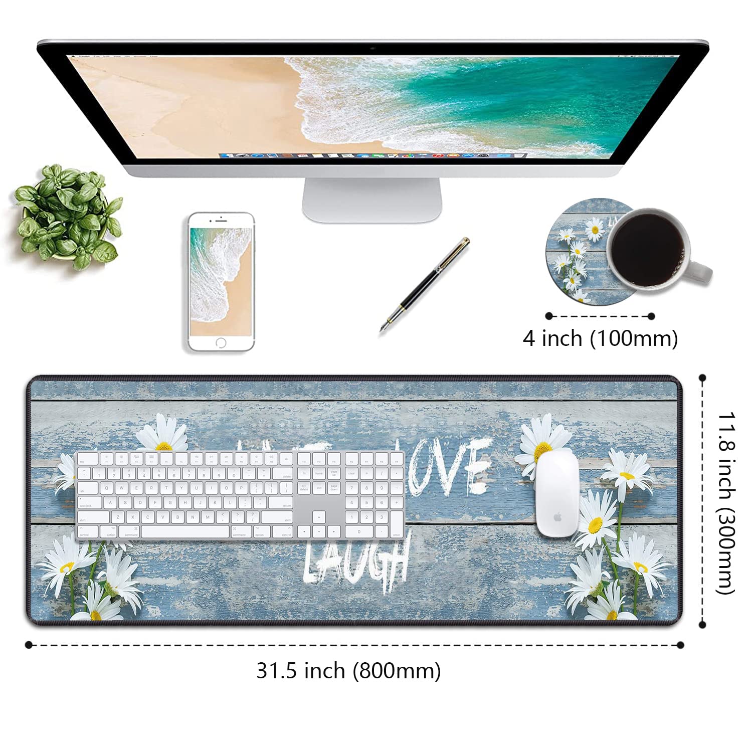 Desk Pad Mat Daisy Dreams XXL Large Mouse Mat with Coasters - Vintage Wood Board & Non-Slip Base