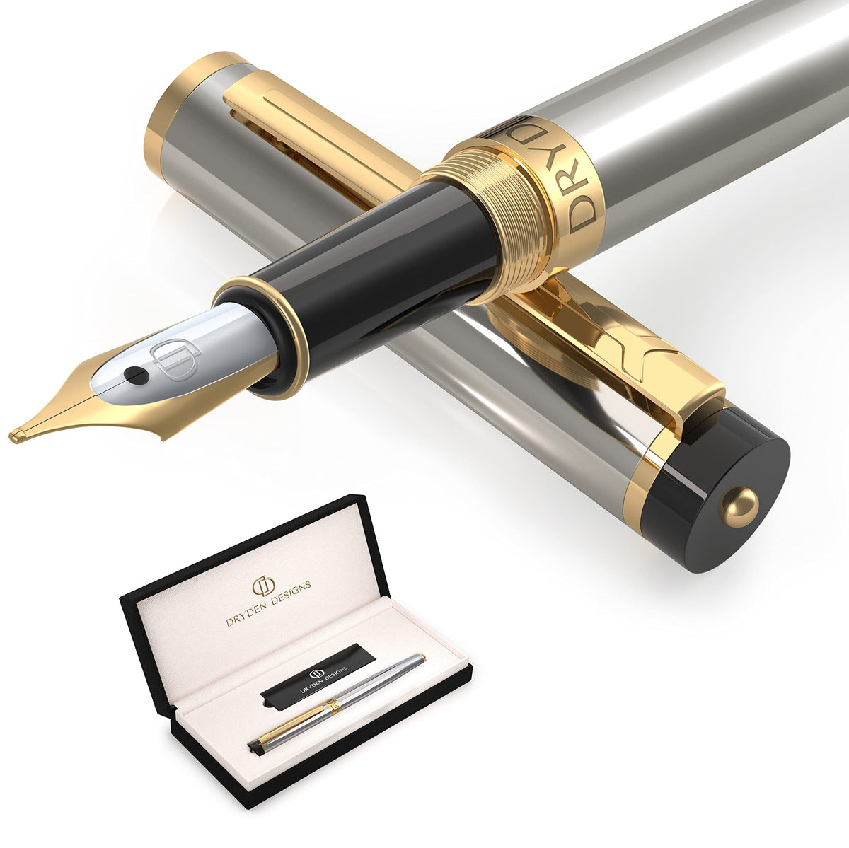 Dryden Designs Fountain Pen. Medium Nib Premium Box | 6 Ink Cartridges Included (Metallic Silver)