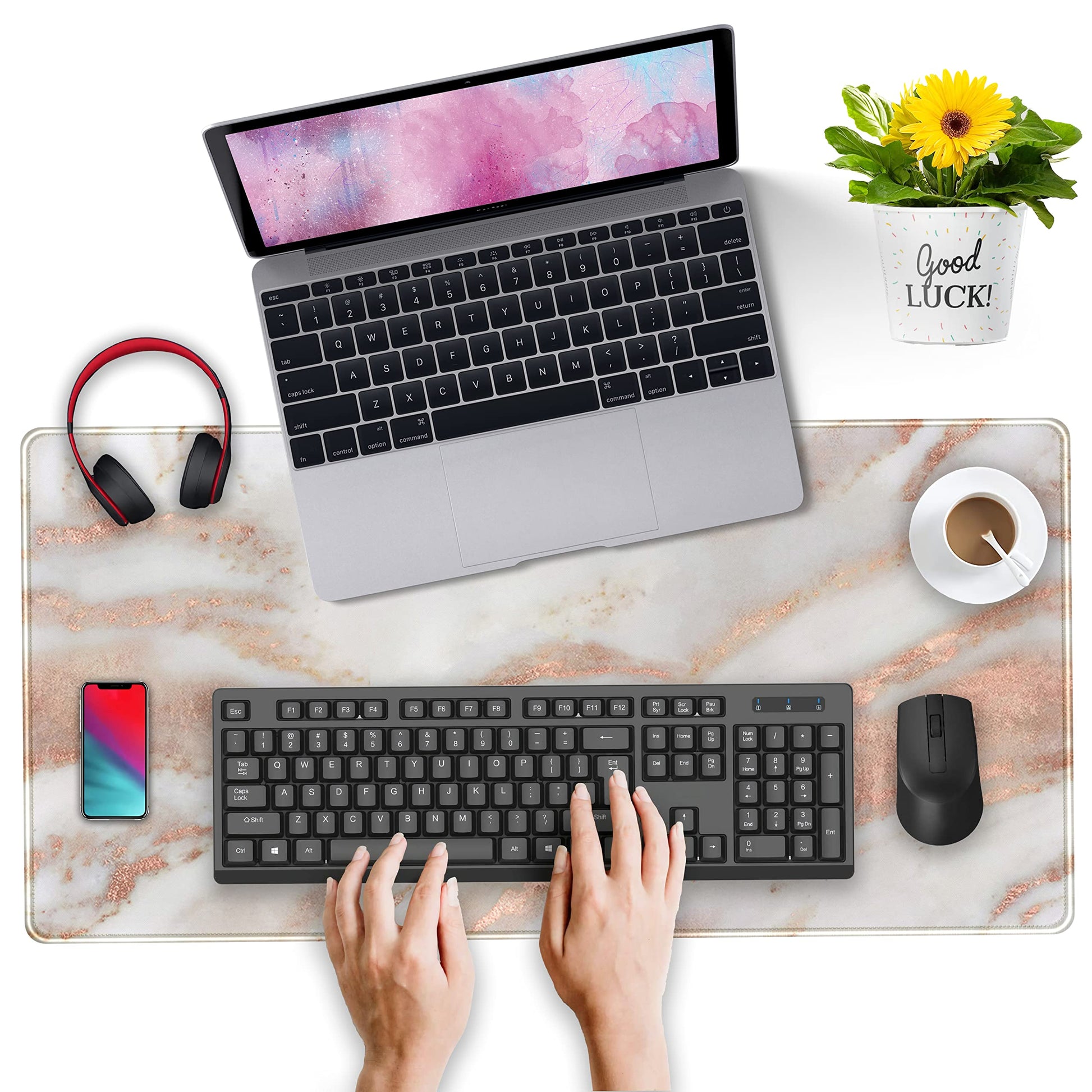 Rose Gold Marble Desk Mat Cute Desk Decor Mouse Pad, Abstraction Metallic Luxury Large Gaming