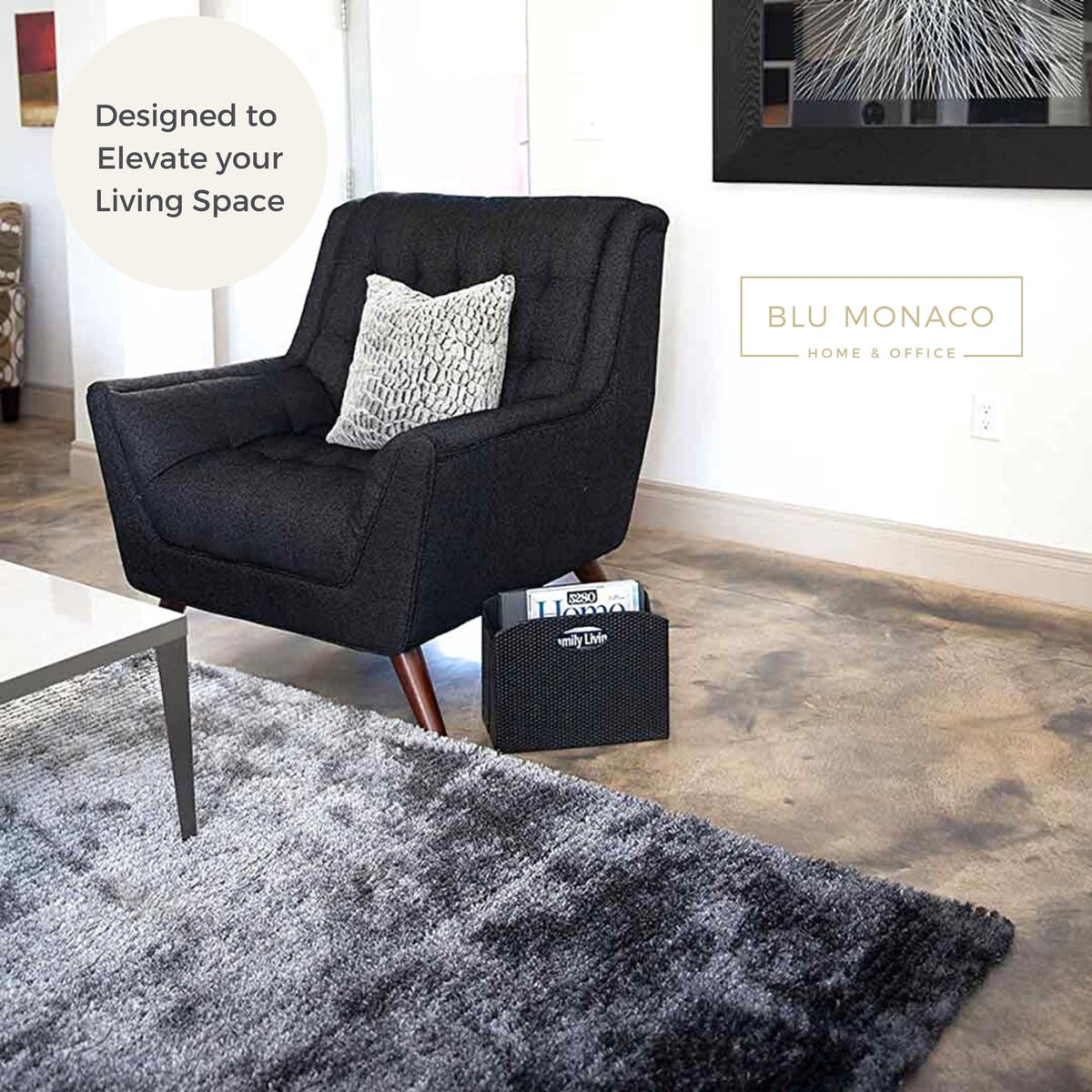 BLU MONACO | Black Woven Leather Magazine Holder with Handles | Stylish Magazine Rack for Floor or