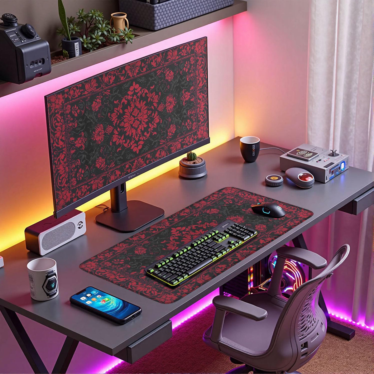 Victorian Gothic Floral Desk Mat Black Red Baroque Desk Pad Dark Academia XXL Large Mouse Pad
