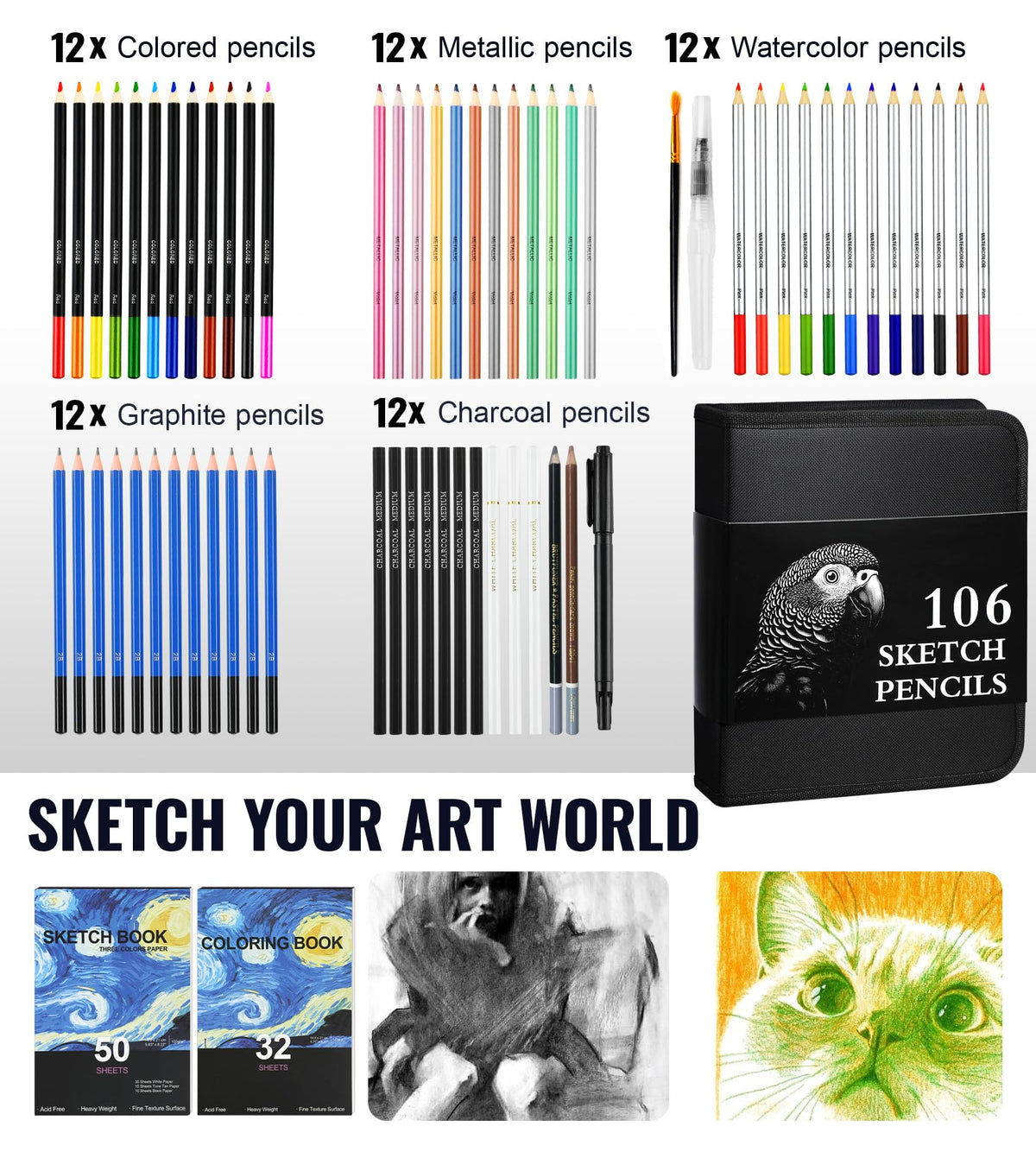 TMOL 106 Pack Art Supplies Sketching Kit with 3-Color Sketch Book, Coloring Book, Drawing Pencils