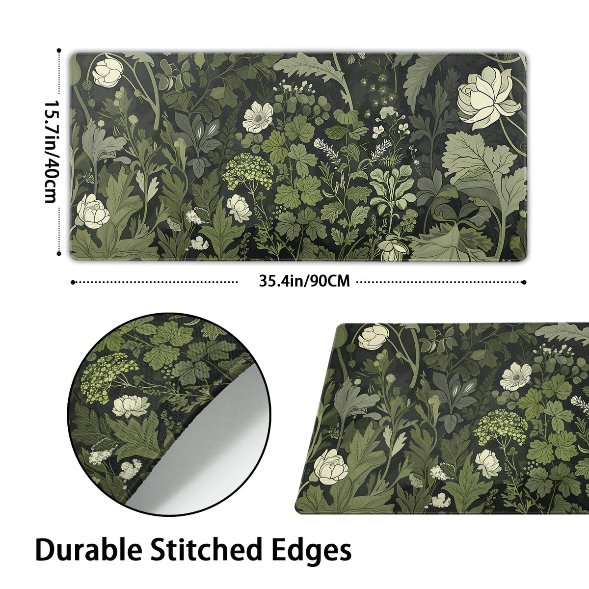 Sage Green Floral Mouse Pad XXL 35.4 X 15.7 Inch Plant Flower Pattern Botanical Design Extended