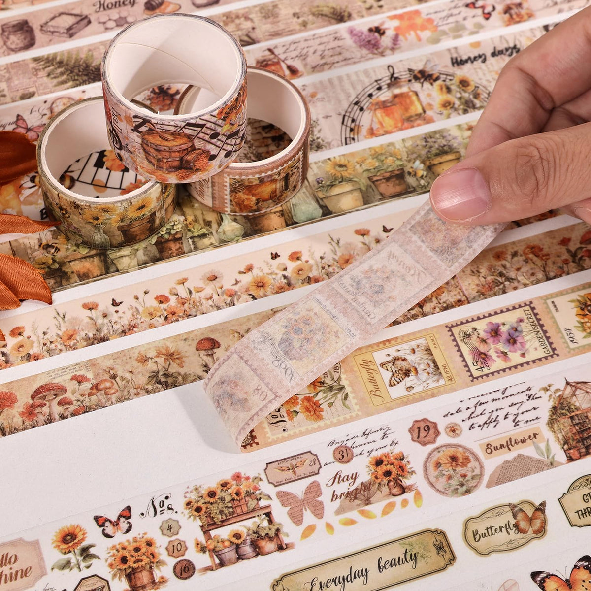 Natural Washi Tape Set, 42 Rolls - Floral, Butterfly, Bee, Botanical,Letter, Vintage Writable