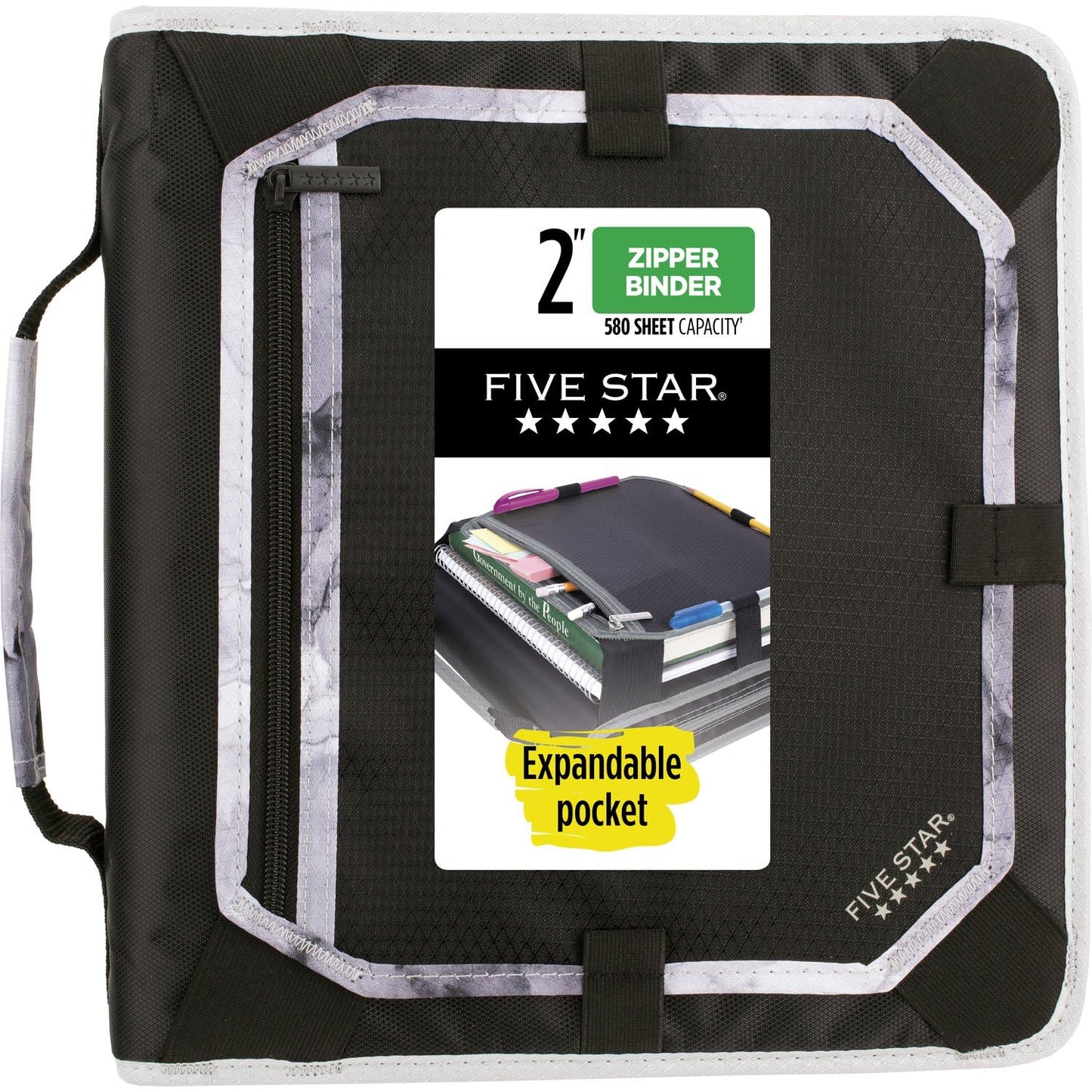 Five Star Zipper Binder, 2 Inch 3-Ring Binder with Round Rings, Expansion Panel and 5-Tab Expanding