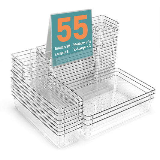 VEXTHYX 55Pcs Clear Plastic Drawer Organizers Set, 4size makeup drawer organizer trays for