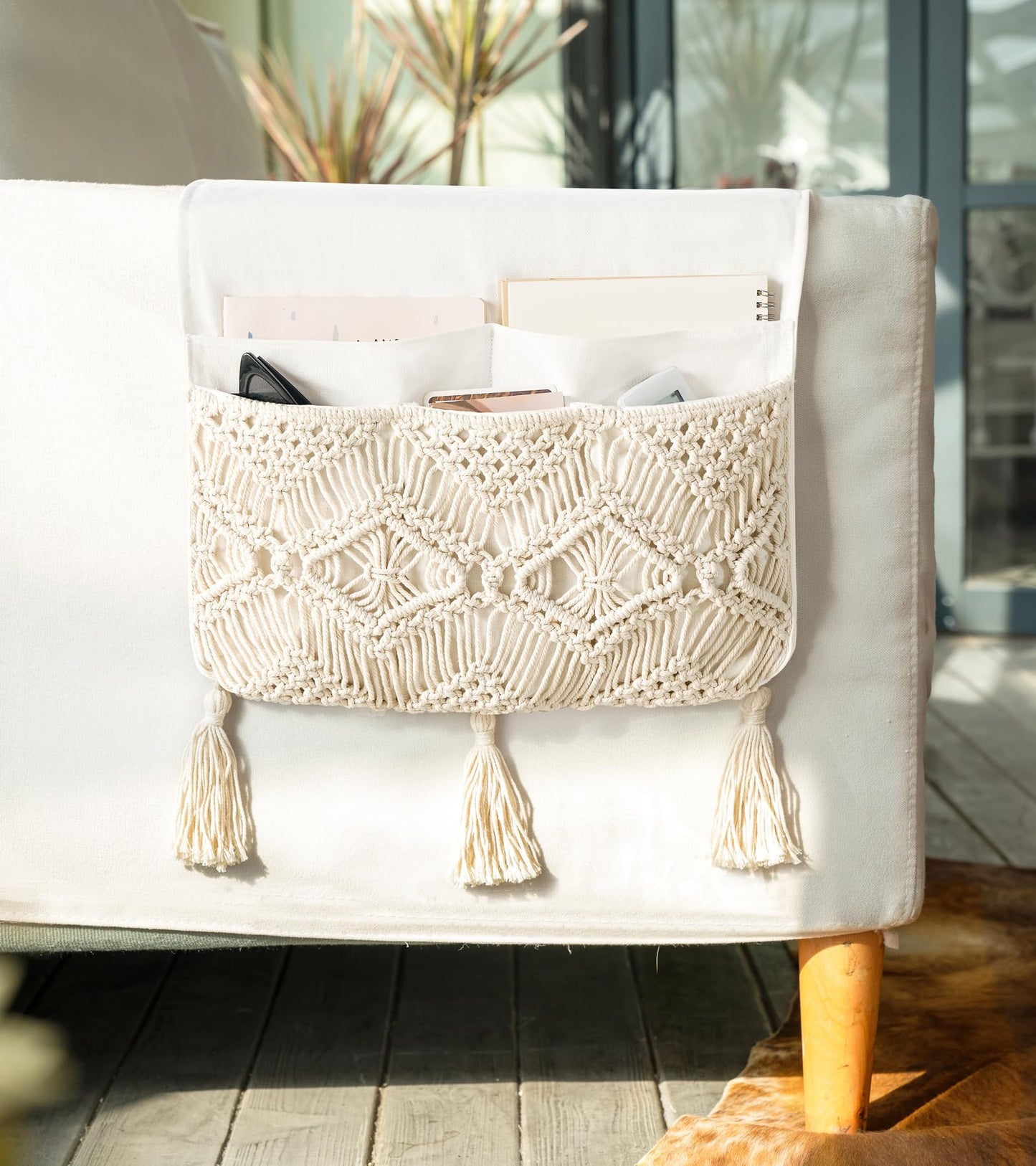 Mkono Macrame Armchair Caddy, Boho Couch Armrest Organizer, 4 Pockets Beige