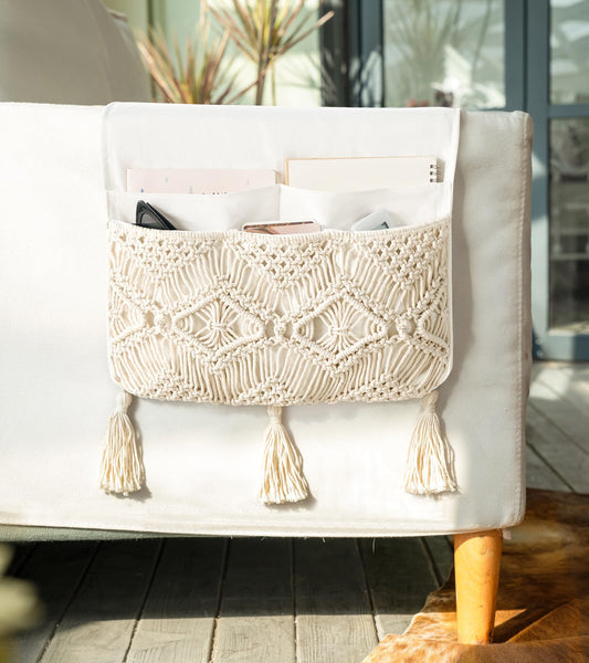 Mkono Macrame Armchair Caddy, Boho Couch Armrest Organizer, 4 Pockets Beige