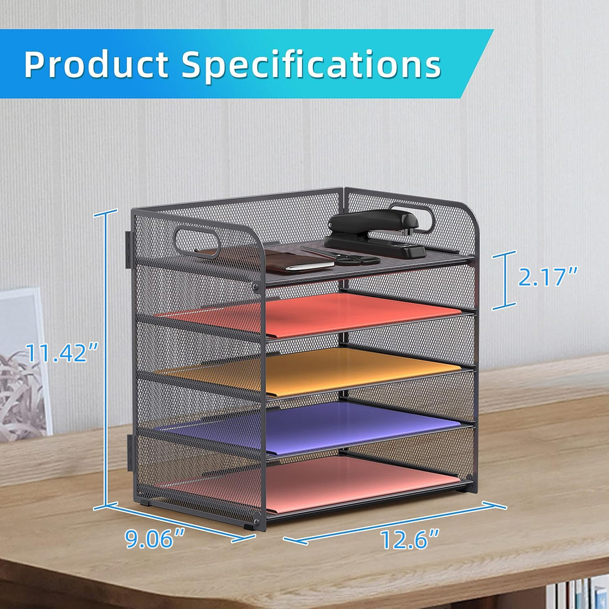 Supeasy 5 Trays Paper Organizer Letter Tray with Handle-Mesh Desk File Organizer, Grey Paper Sorter