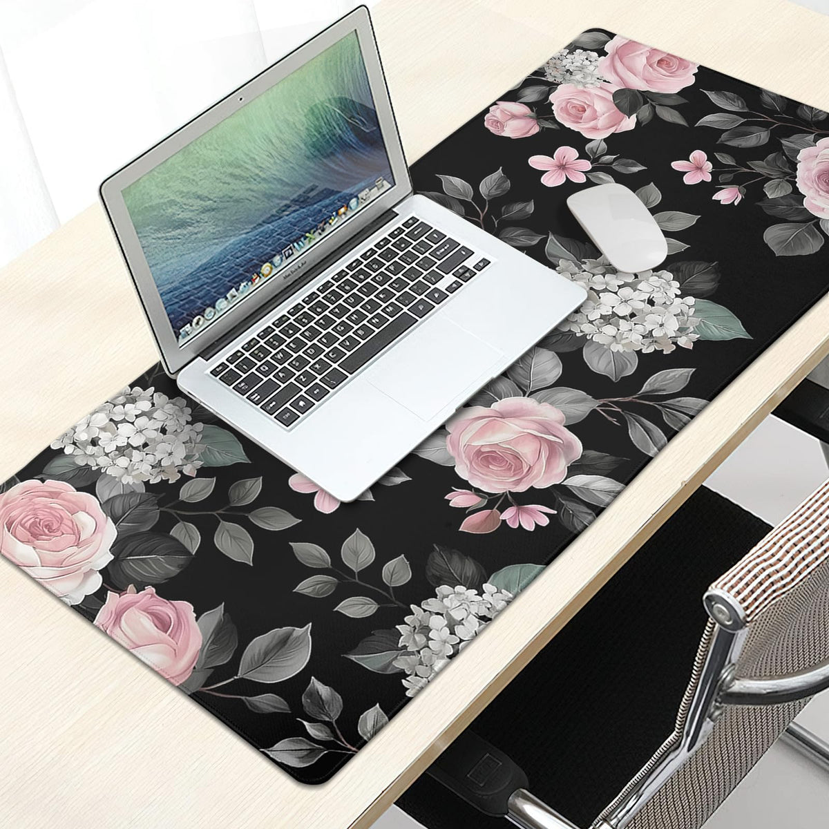 Floral Extended Gaming Mouse Pad Non-Slip Rubber Base Black Large Mousepad 35.4×15.7in with