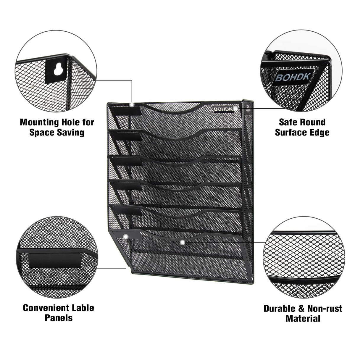 BOHDK Wall File Organizer, 6 Tier Hanging File Folder Mail Organizer, Vertical Mesh Metal Wall