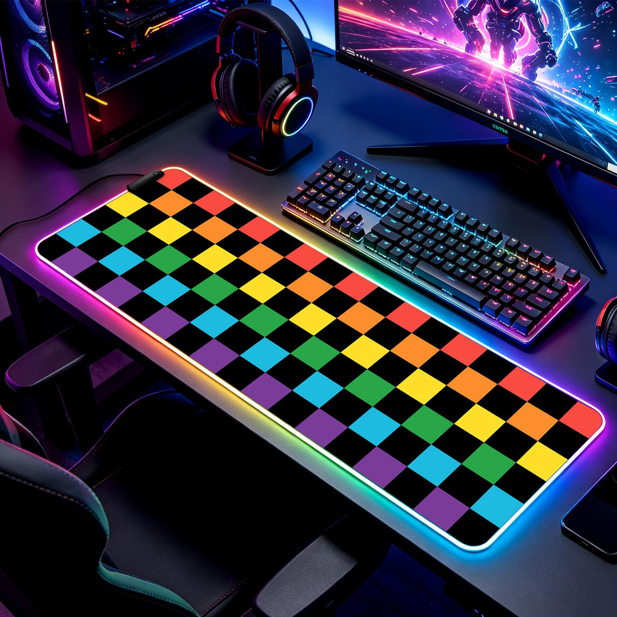 JIANG100 RGB Vintage Multicolor Plaid Gaming Desk Mat & Mouse Pad, XL