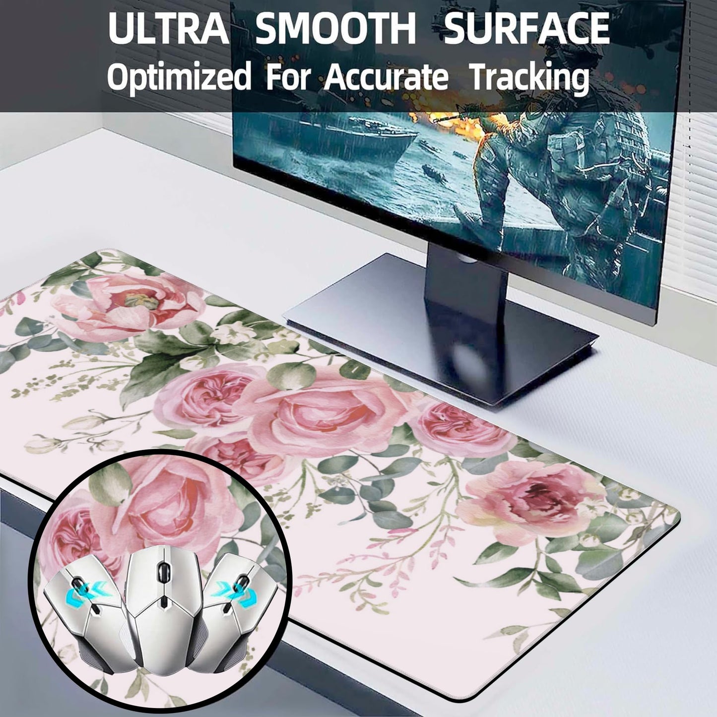 XXL Mouse Pad, Pink Peony Flowers Eucalyptus Green Leaves Large Desk Mat for Desktop, Extended