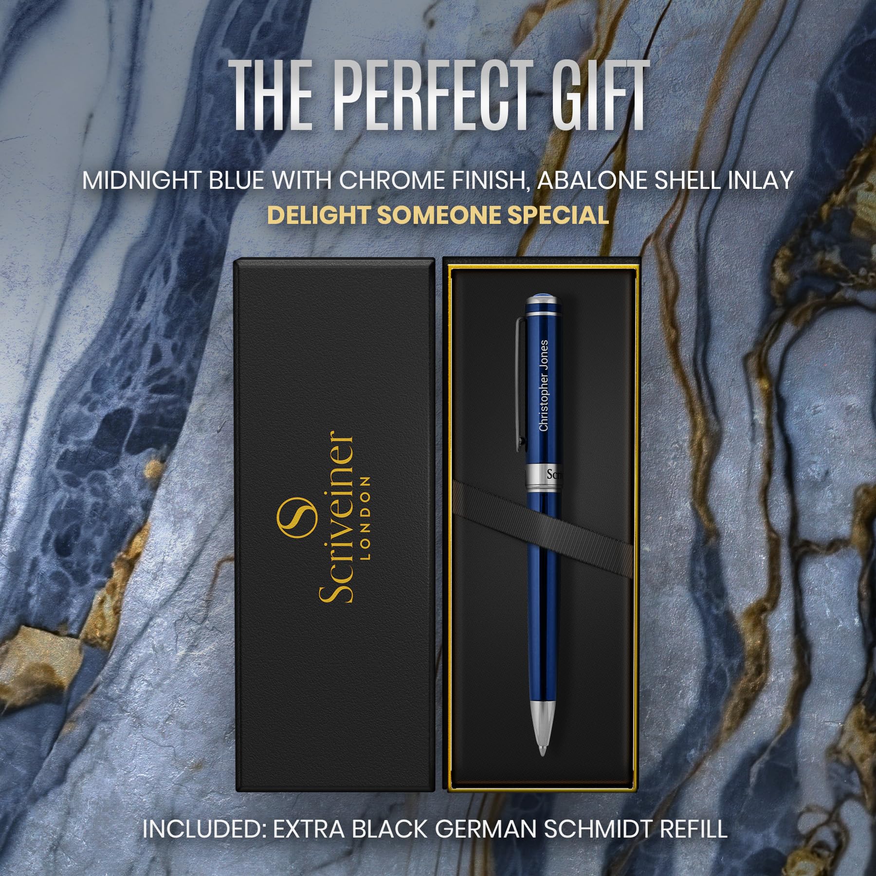 Scriveiner Personalized Midnight Blue Ballpoint Pen - Stunning Blue Lacquer Luxury Pen, Chrome