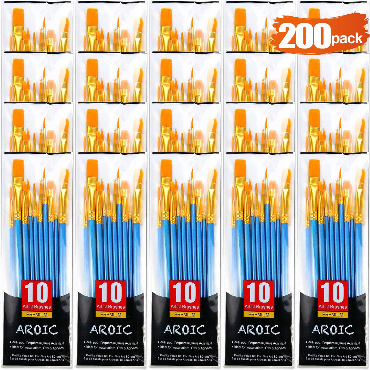 AROIC 200 Pcs Paint Brushes, Nylon Hair Brush Set for Oil and Watercolor