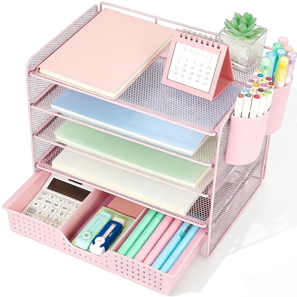 LEKETREE Desk Organizers and Accessories, 5-Tier Paper Letter Tray Organizer with Drawer & 2 Pen