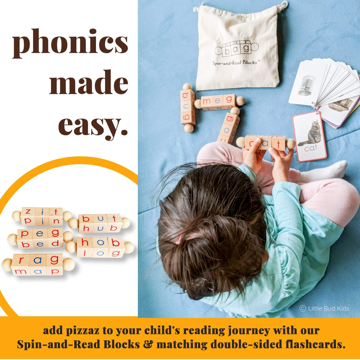 LITTLE BUD KIDS Spin-and-Read Montessori Phonetic Reading Blocks with CVC Phonics Flashcards for