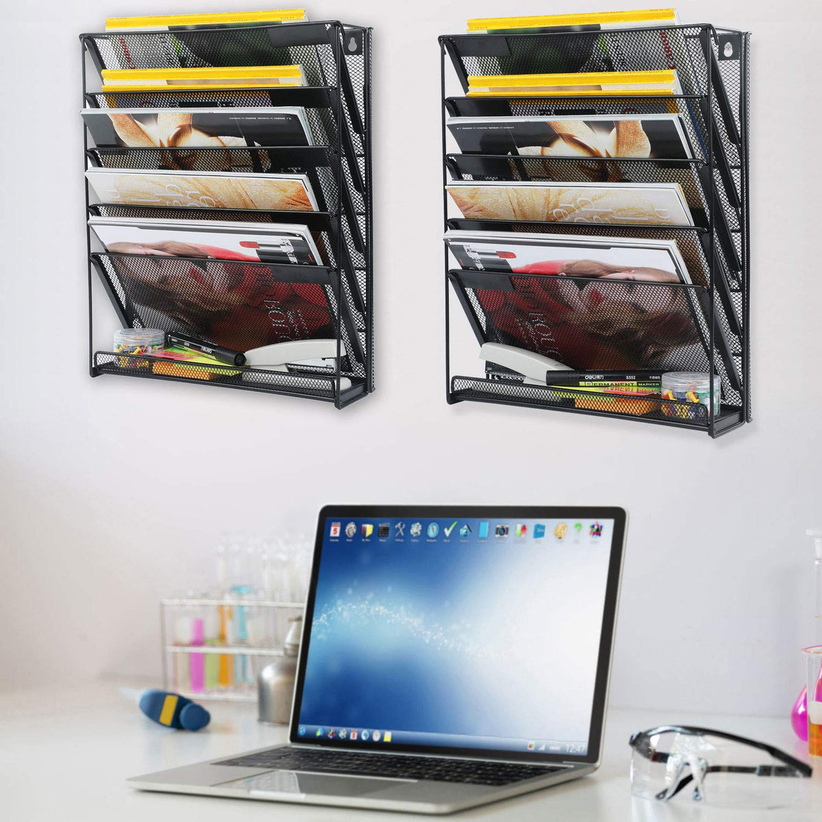 samstar 2 Pack Wall File Organizer, 6-Tier Wall Mount Paper Holder Vertical File Rack, Mesh Metal
