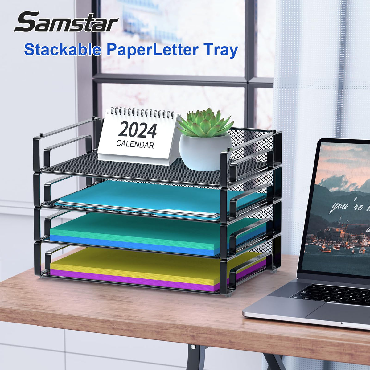 Samstar 4 Pack Stackable Letter Paper Tray, Desk File Organizer Paper Sorter for Letter/A4 Size