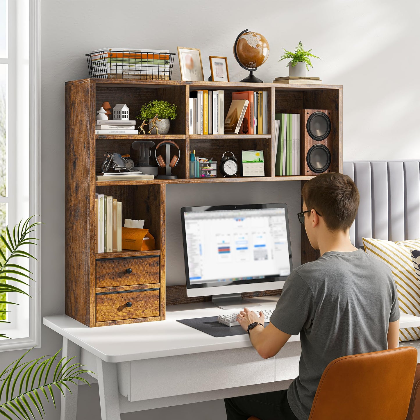 REIBII Desktop Bookshelf, 8 Shelves Desk Hutch for Dorm Room, Rustic Brown