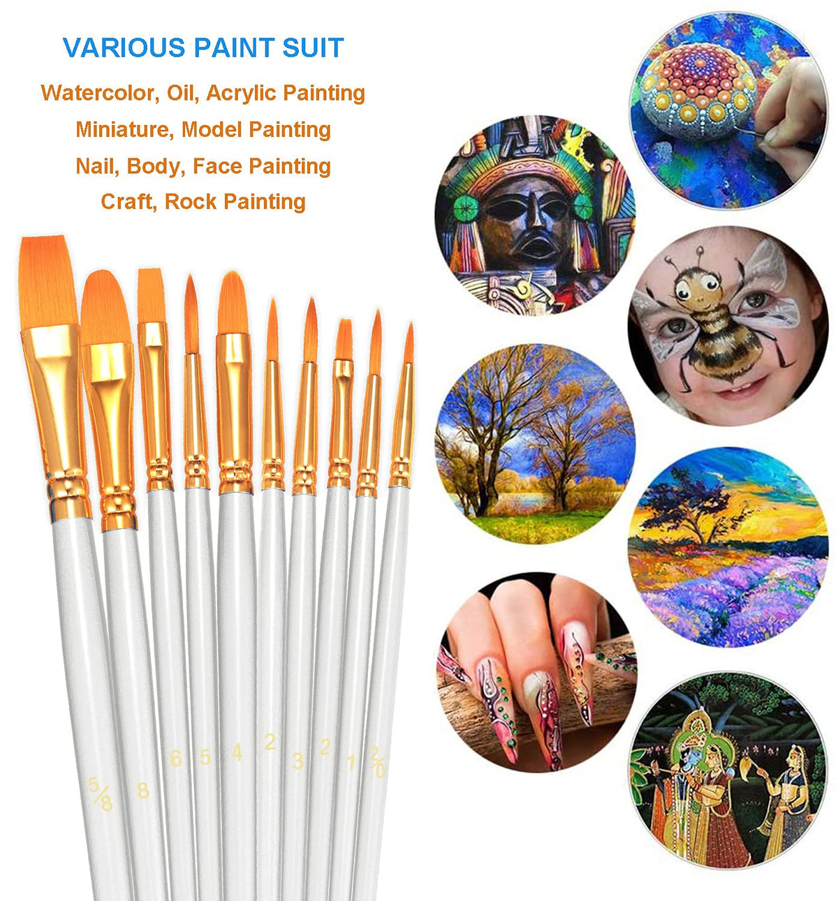 BOSOBO Paint Brushes Set, 6 Pack 60 Pcs Round Pointed Tip Paintbrushes Nylon Hair Artist Acrylic