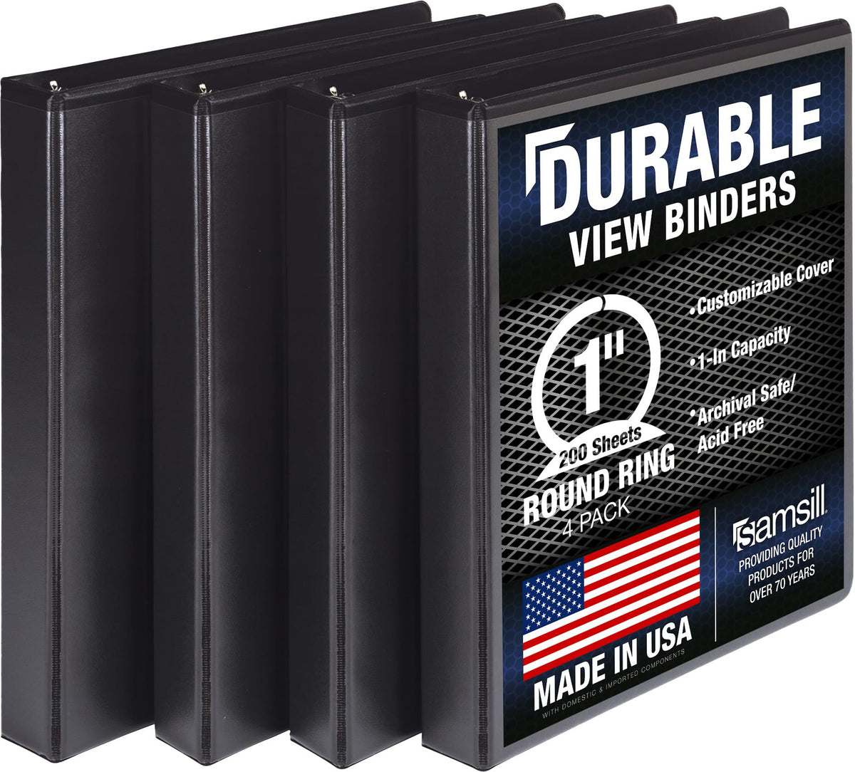 Samsill 4 Pack Durable 1 Inch 3 Ring Binders, Round Ring, Clear View Cover for Presentations, Black