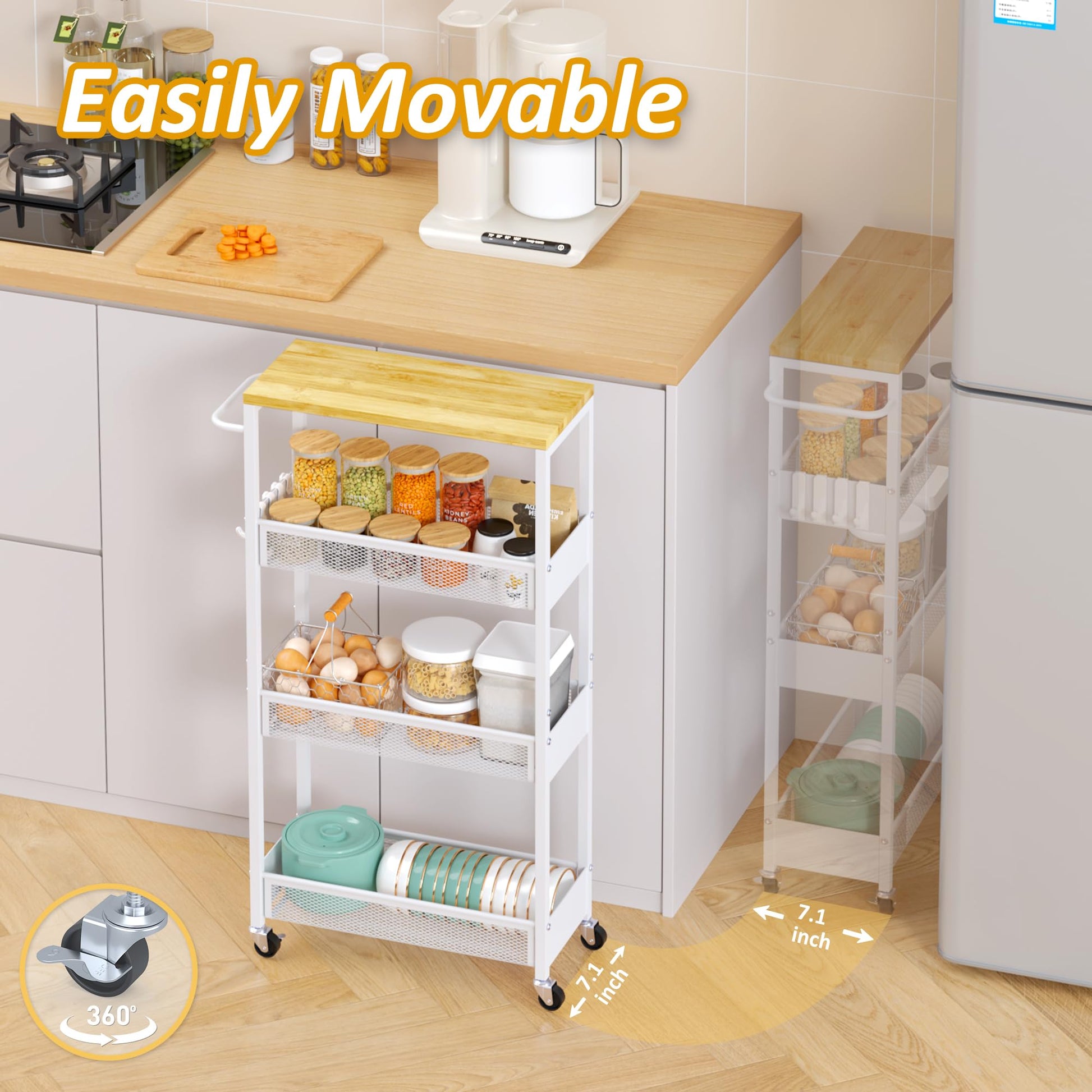 7.1" Wide Slim Storage Cart on Wheels, 4 Tier Metal Narrow Rolling Cart with Handle and Wood Top
