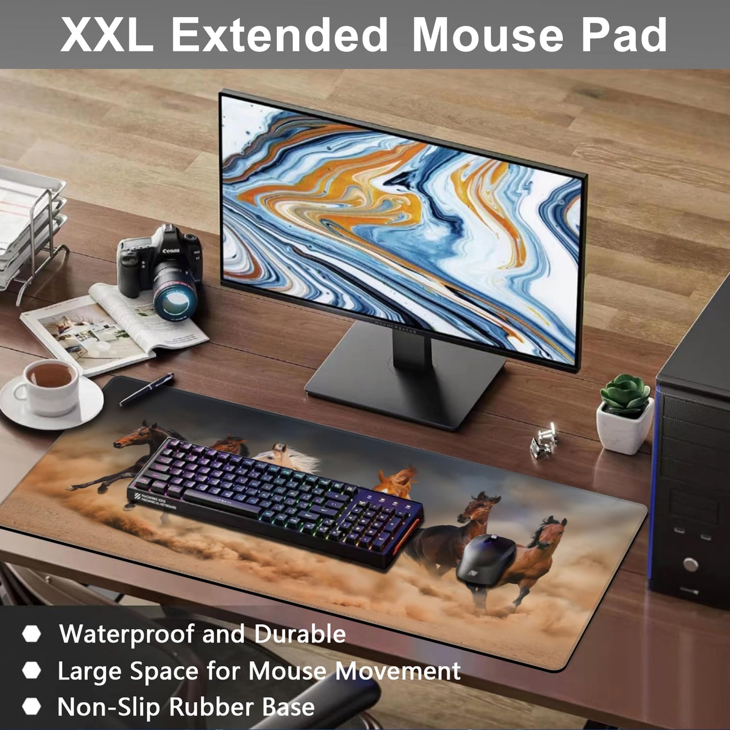 Mouse Pad, Large Running Horse Herd Desk Mat, Extended Non-Slip Gaming Keyboard Mousepad Desk Pad