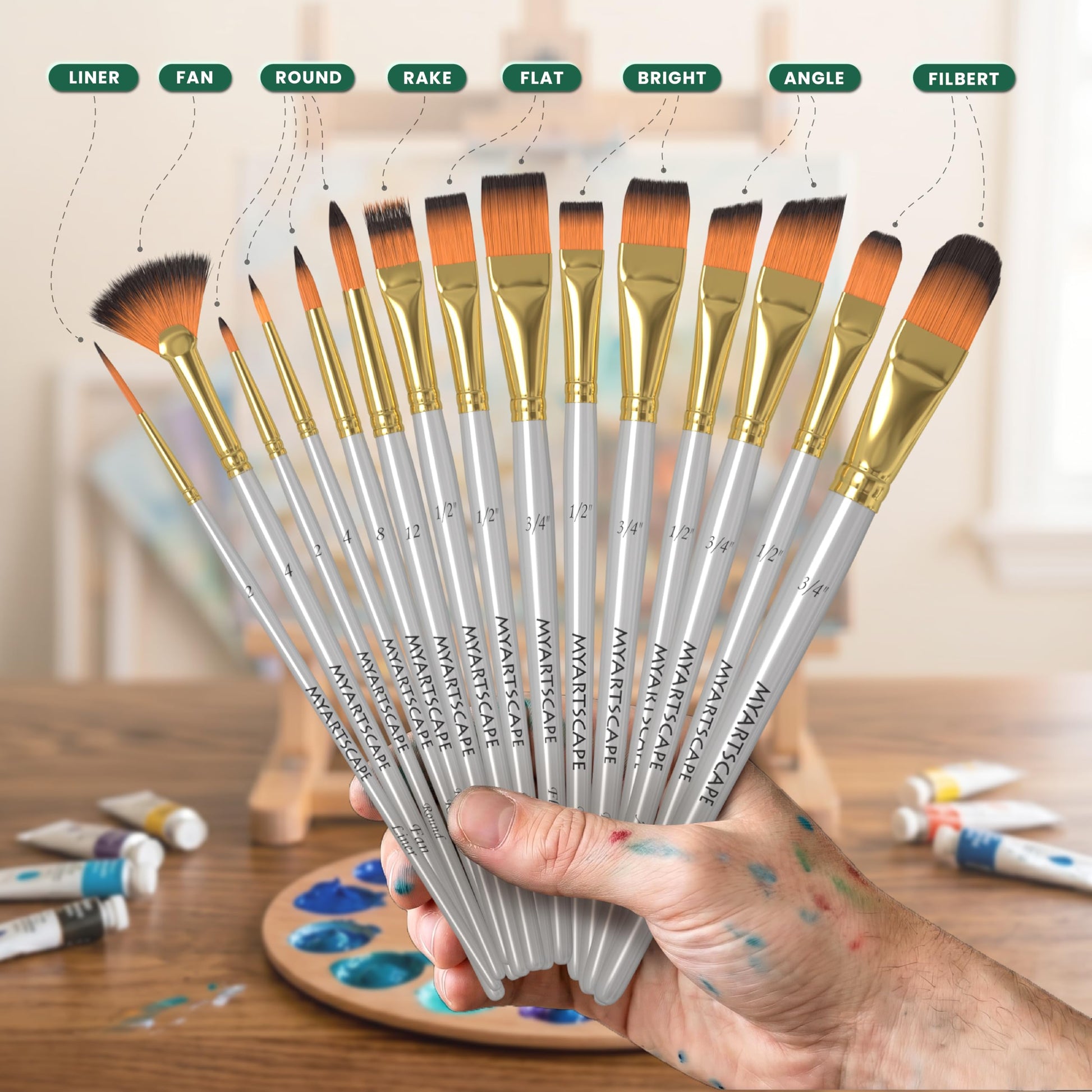 MyArtscape Paint Brush Set - 15 Short Handle Taklon Artist Brushes