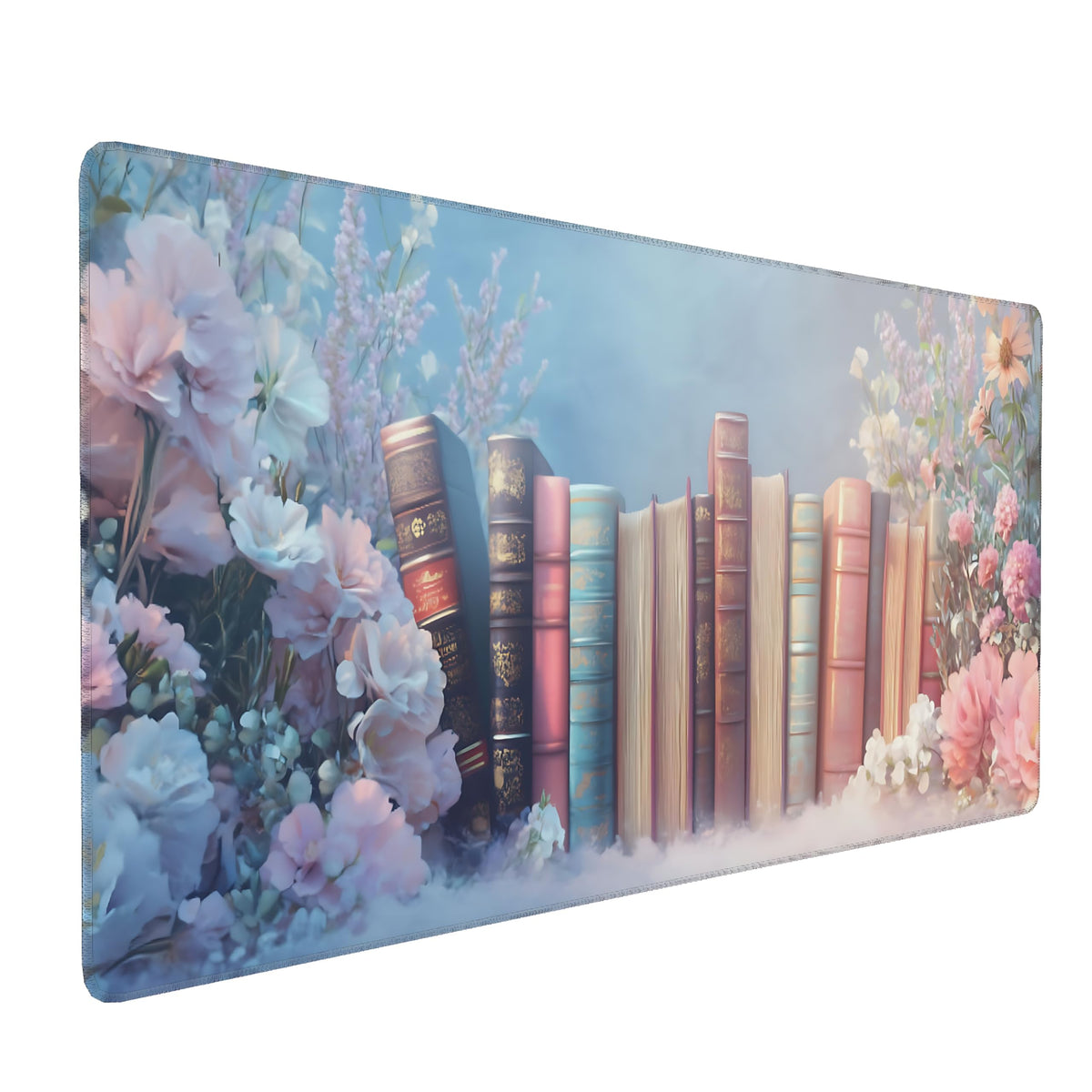 Cute Floral Aesthetic Book Gaming Mouse Pad, Blue Pink Dreamy Desk Mat with Anti-Slip Base &