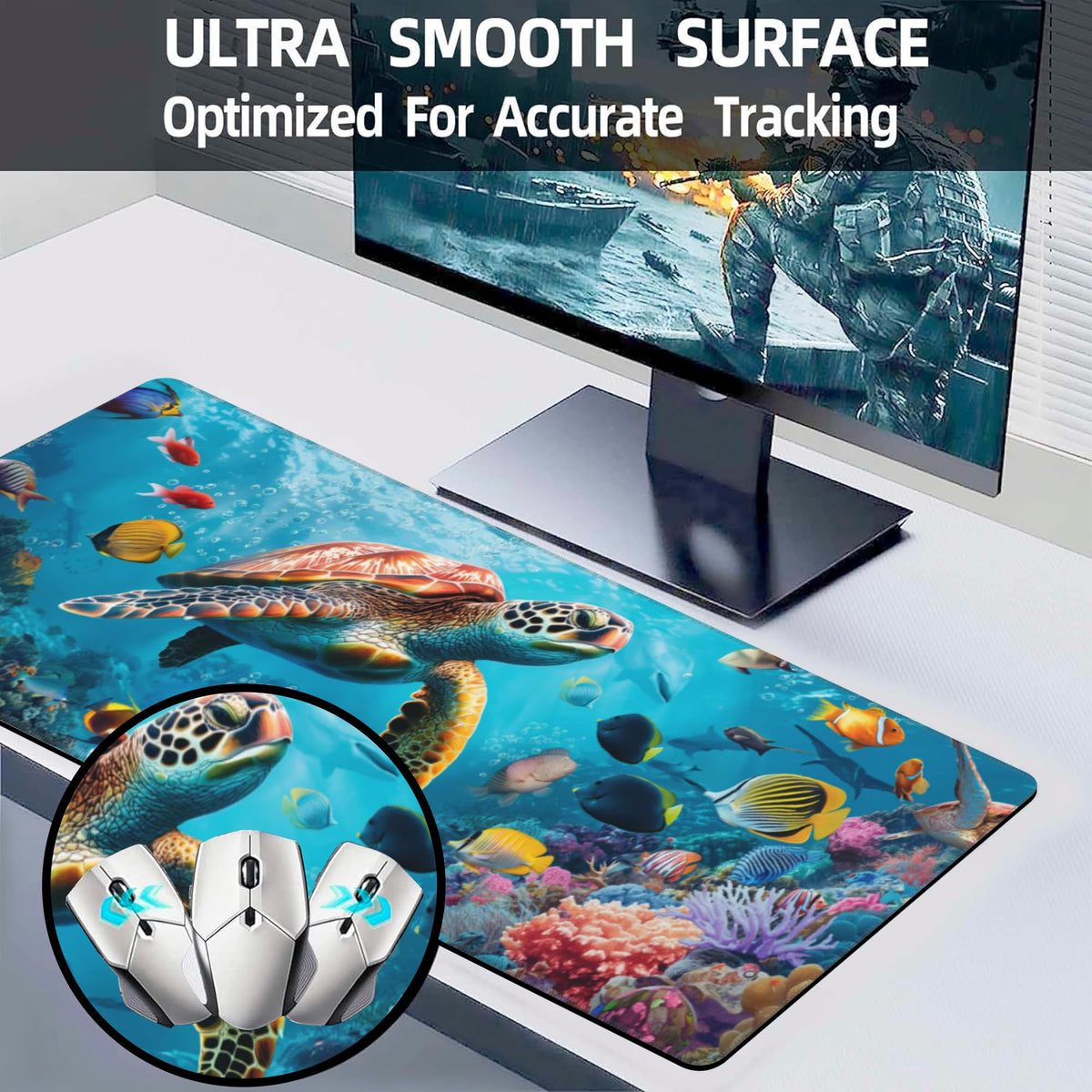 XL Mouse Pad,Sea Turtle with Colorful Fish Large Gaming Mouse Pad,The Underwater World Desk