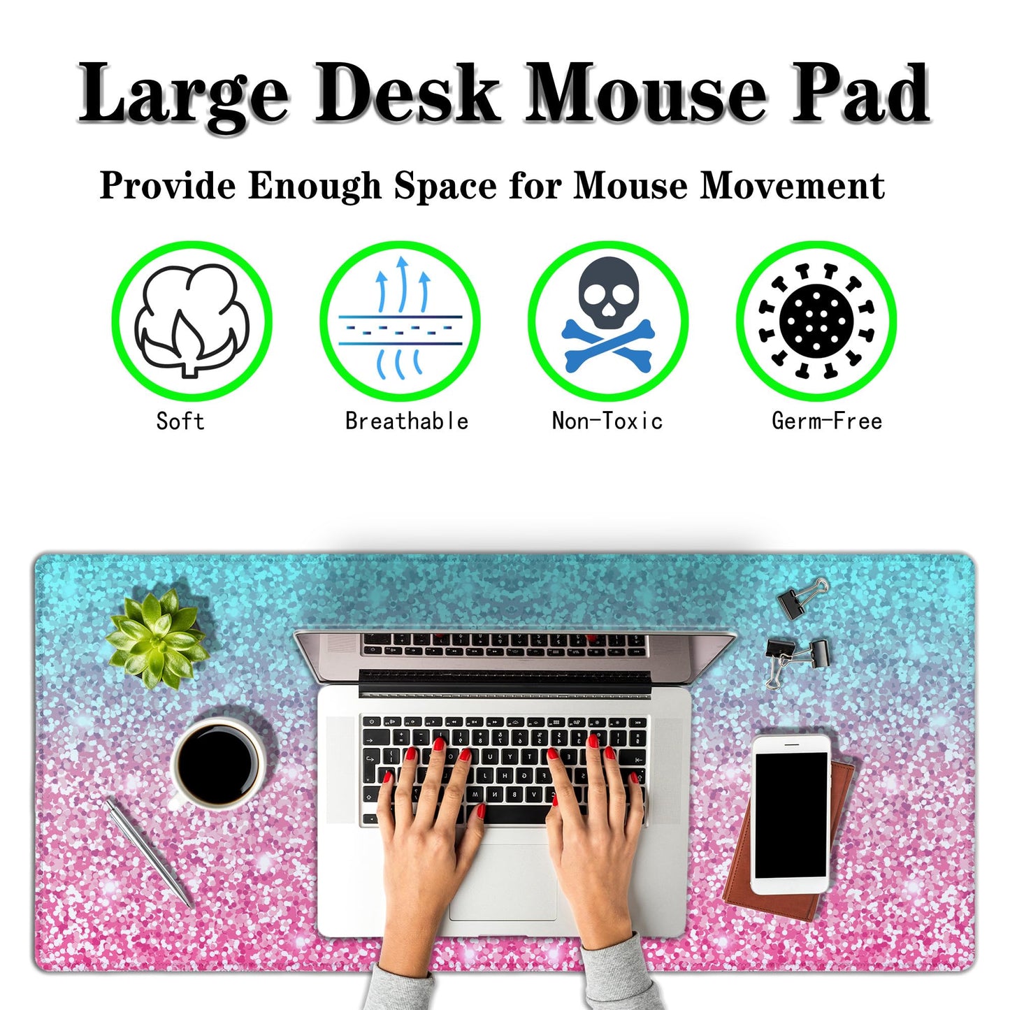 Samgula Gaming Mouse Pad Office Desk Mat, Extra Large Pink Glitter Pad for Women, Waterproof