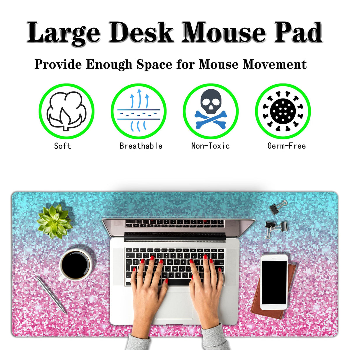 Samgula Gaming Mouse Pad Office Desk Mat, Extra Large Pink Glitter Pad for Women, Waterproof