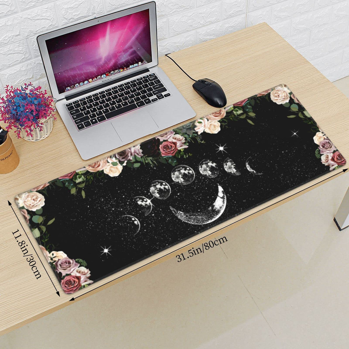 Pale Roses Moon Phase Witchy Tarot Black XXL XL Large Gaming Mouse Pad for Desk, Non-Slip Long