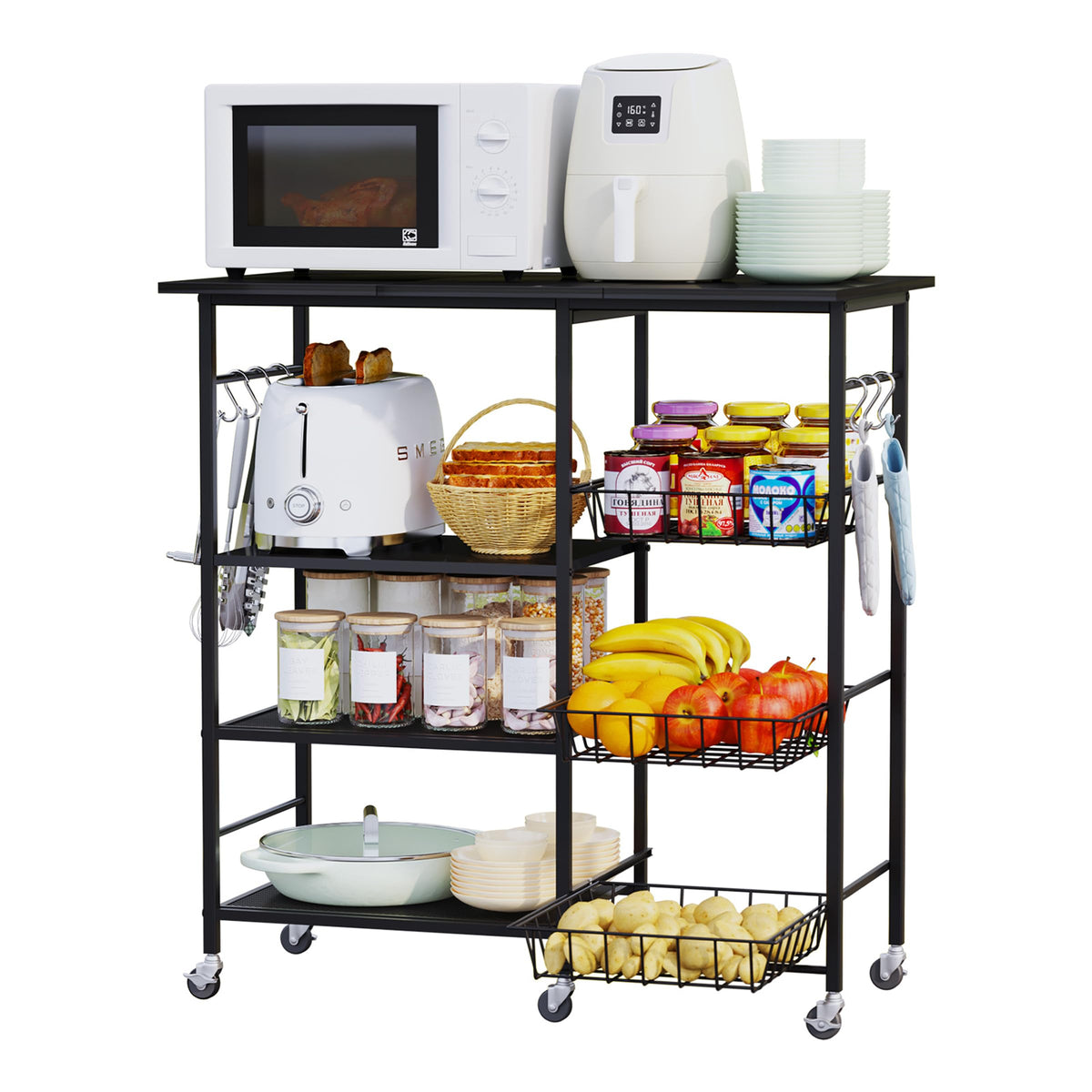 HapiRm Rolling Kitchen Microwave Cart - 4 Tier Microwave Table Stand with Pull-Out Baskets, Coffee