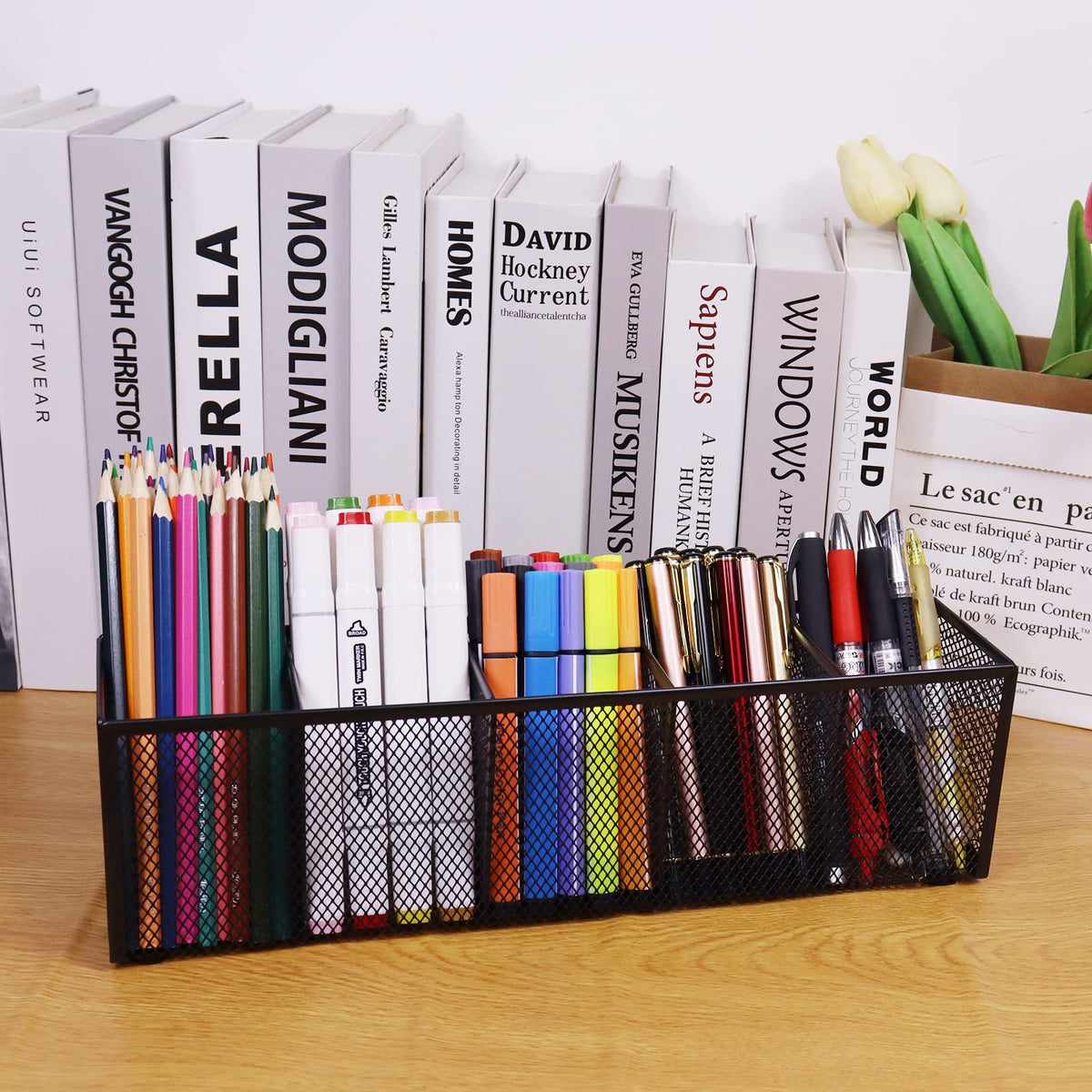Flytreal Black Mesh Pen Pencil Holder, Small Metal Desk Organizer Desktop Stationery Office