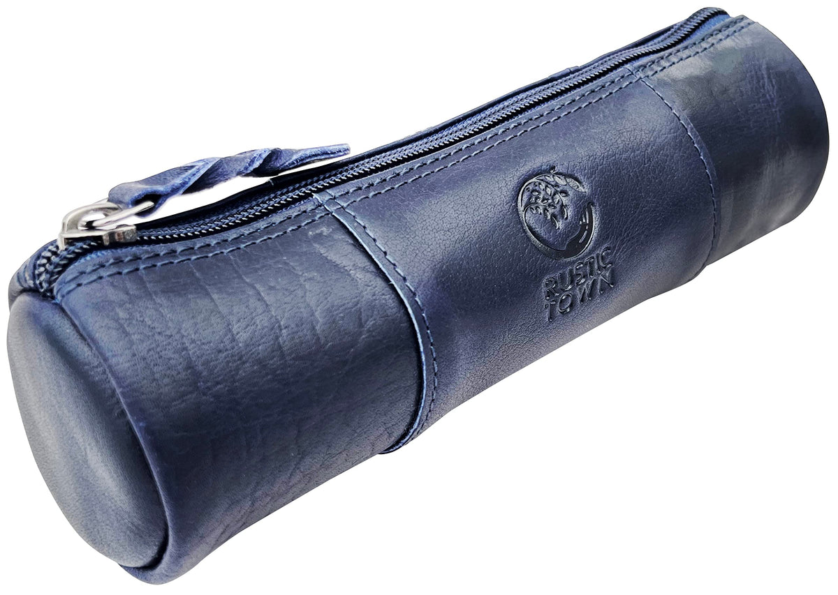 Rustic Town Leather Pencil Case - Full Grain Leather Zippered Pen Pouch - Stationery Bag Pen Holder