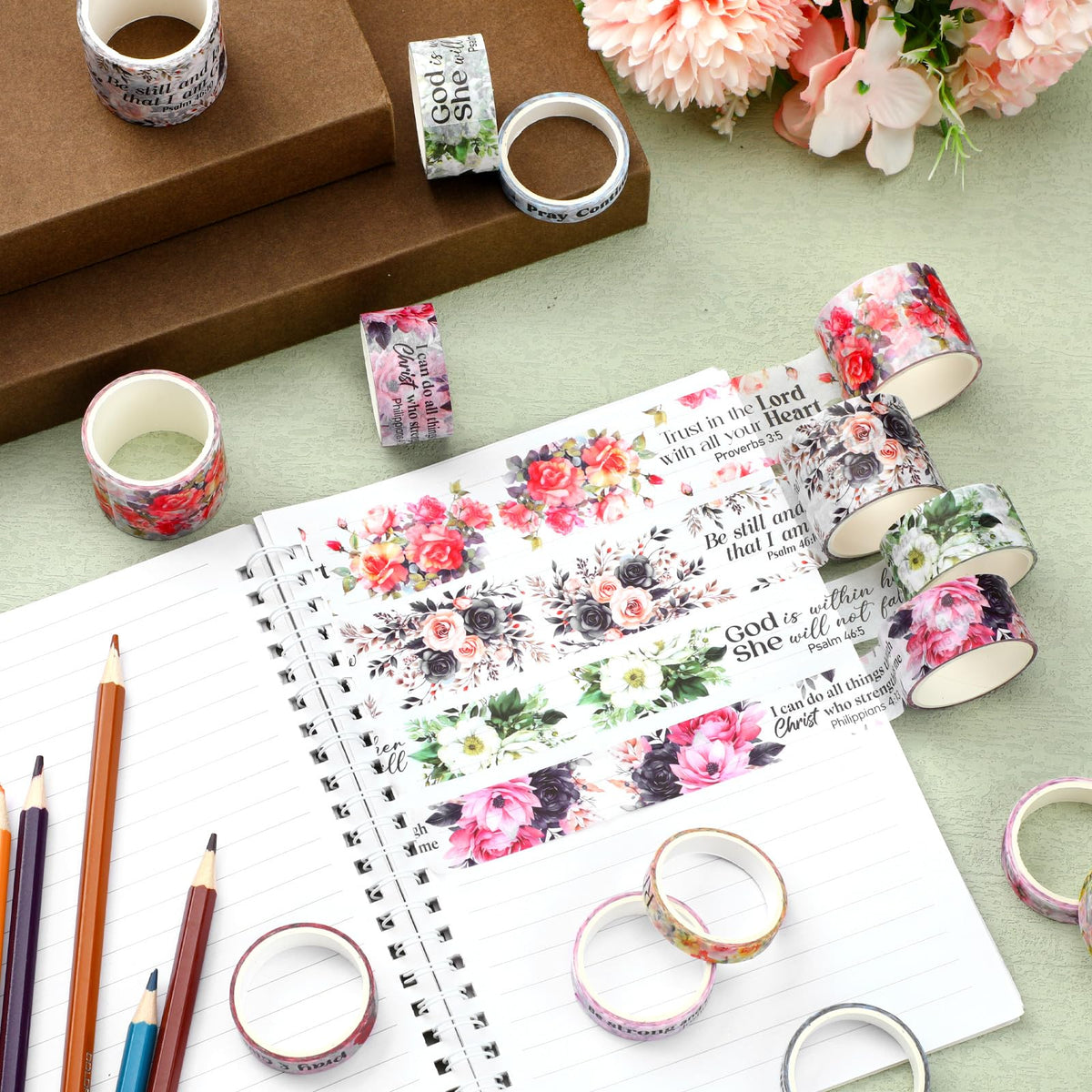 Janlaugh 24 Rolls Christian Washi Tape Gifts, Watercolor Floral, Multi Size