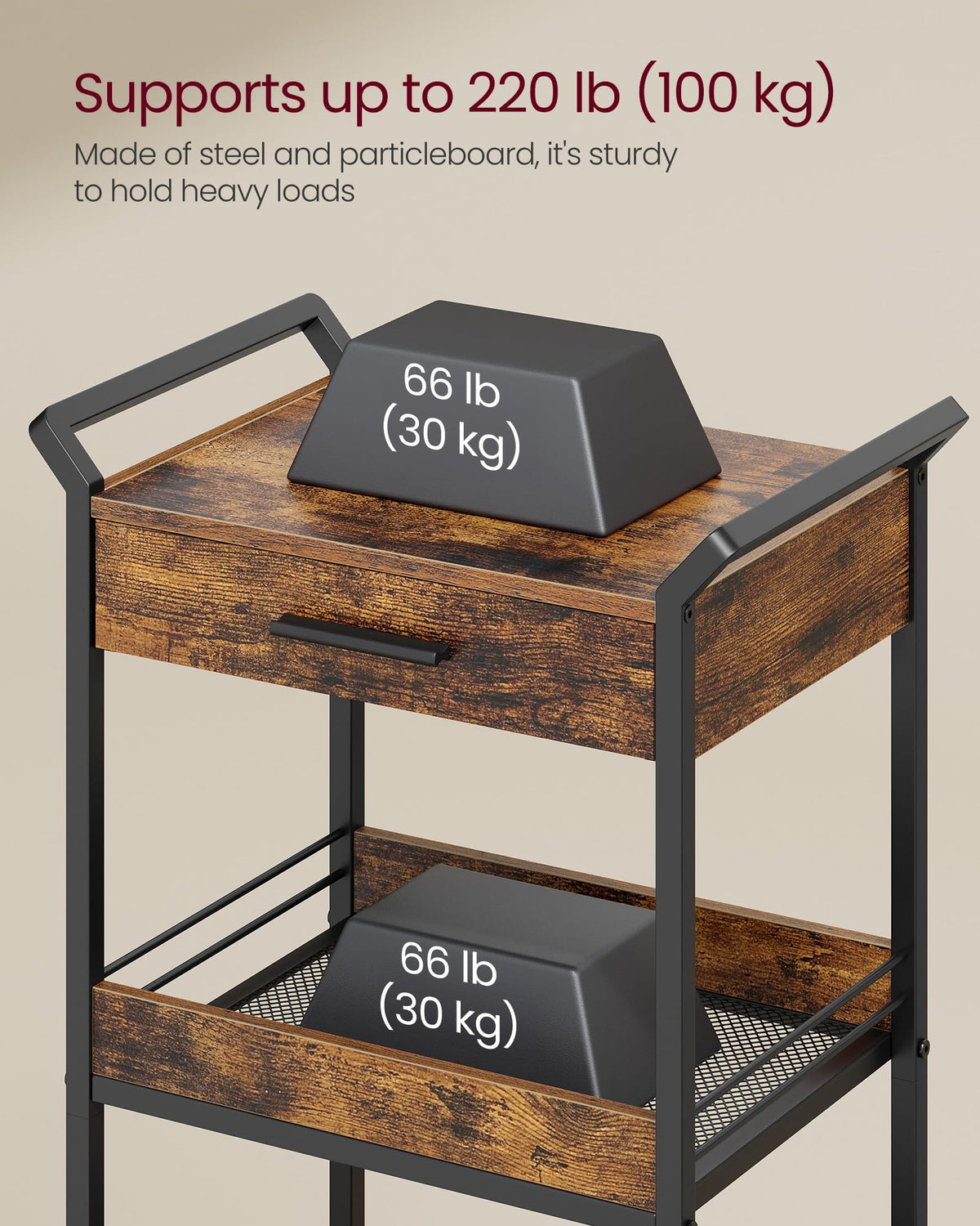 VASAGLE Storage Cart, 3-Tier Rolling Utility Cart with Table Top