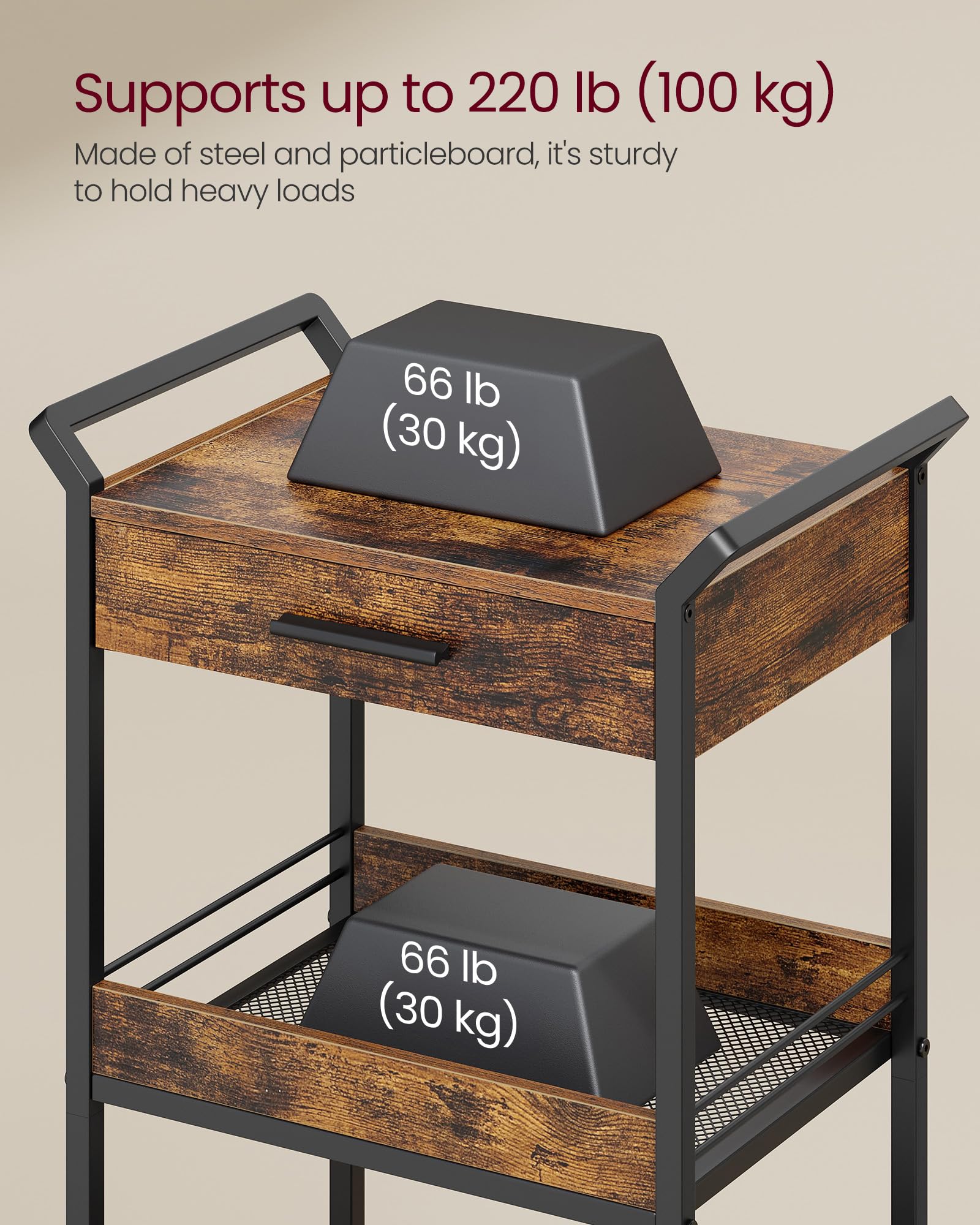 VASAGLE Storage Cart, 3-Tier Rolling Utility Cart with Table Top