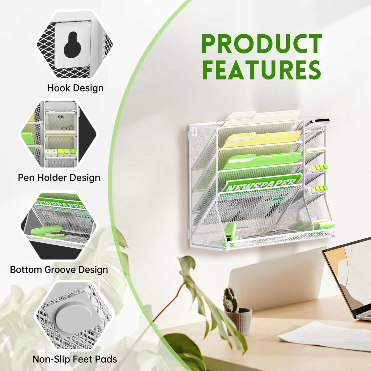 5-Tier Wall File Organizer with 4 Pen Holders and R-Shaped Tray,White